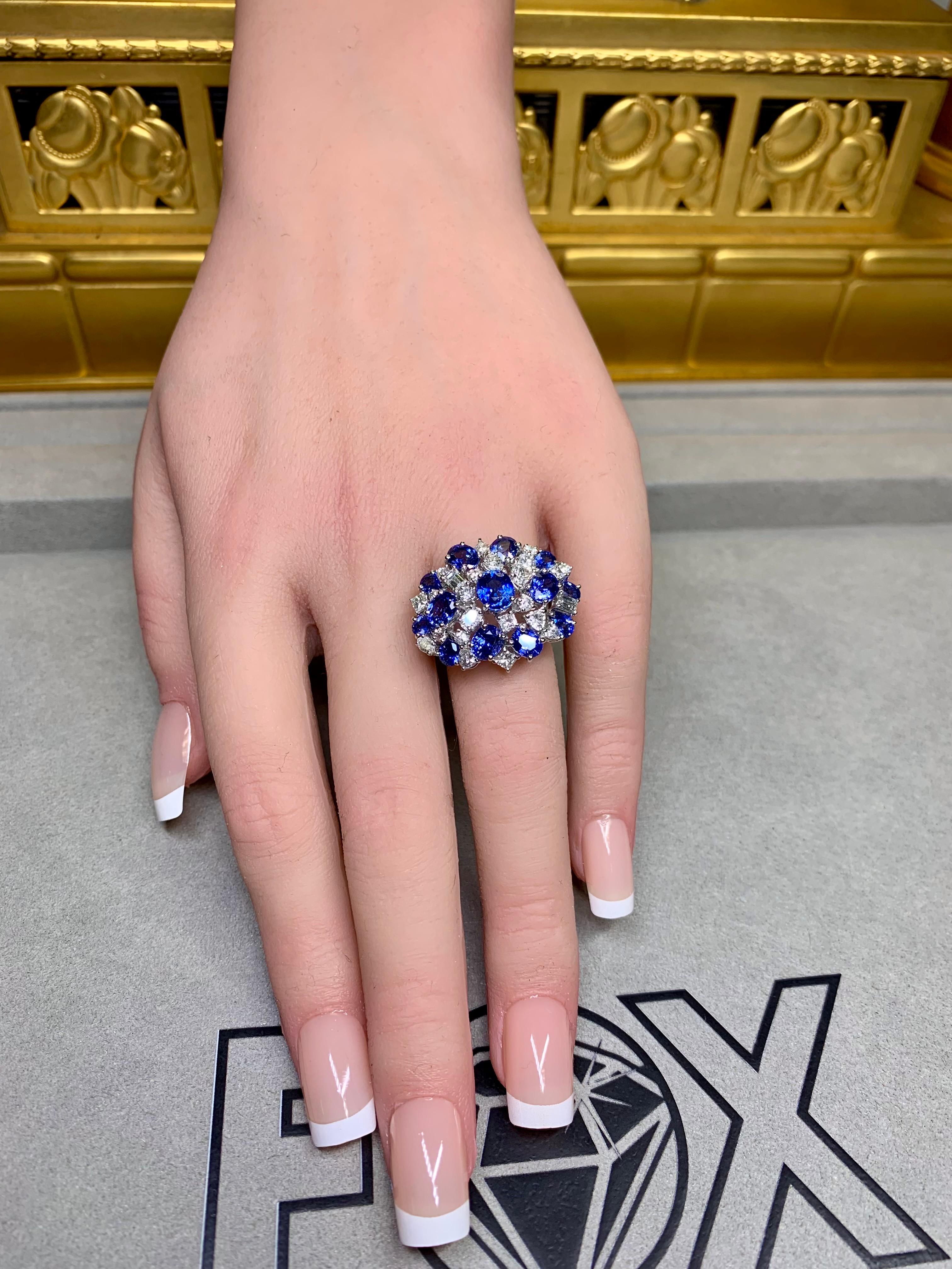 Estate 18K White Gold Fancy Diamond Sapphire Large Cluster Cocktail Ring 10ctw For Sale 5