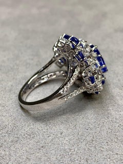 Estate 18K White Gold Fancy Diamond Sapphire Large Cluster Cocktail Ring 10ctw