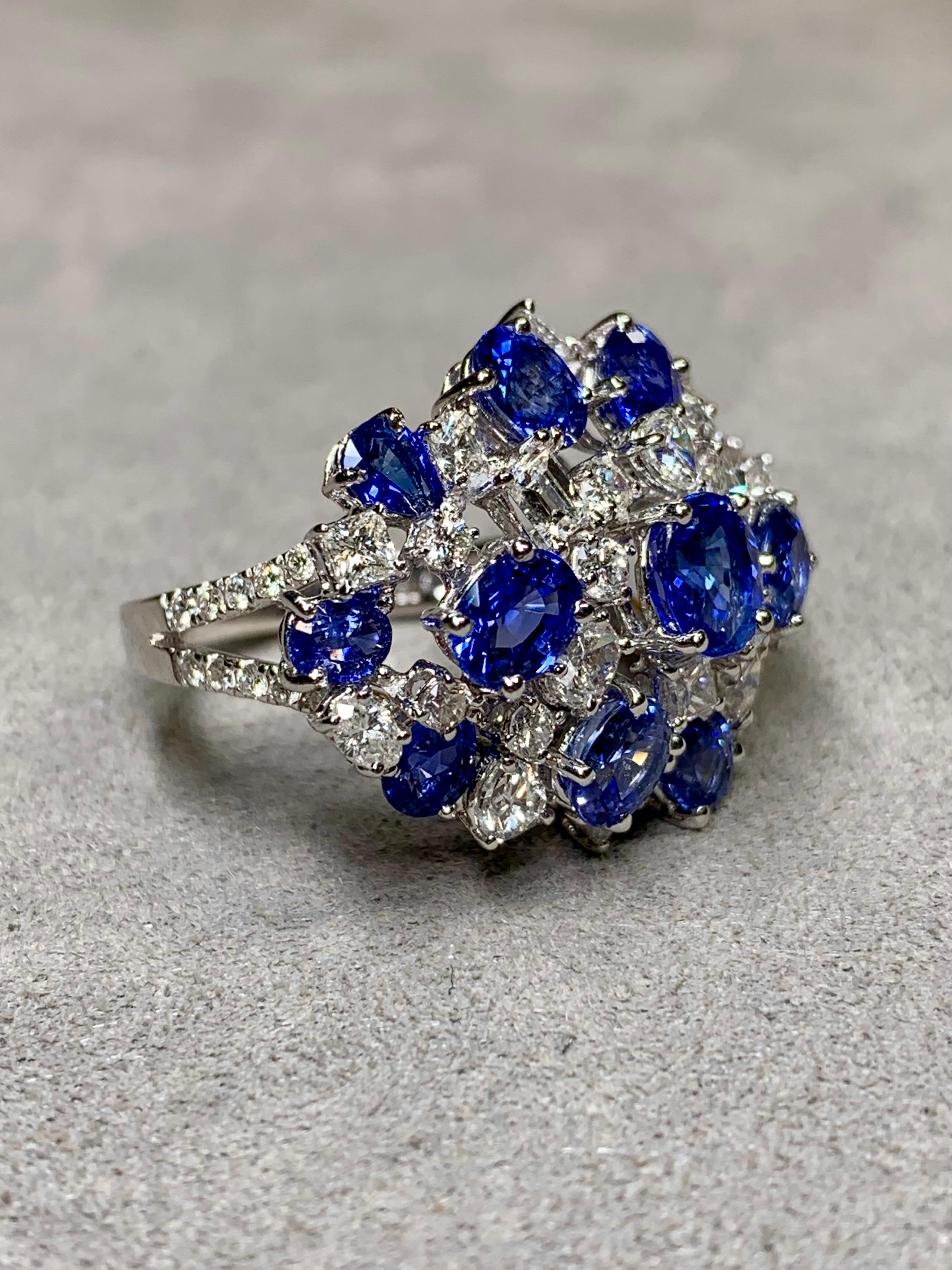 Contemporary Estate 18K White Gold Fancy Diamond Sapphire Large Cluster Cocktail Ring 10ctw For Sale