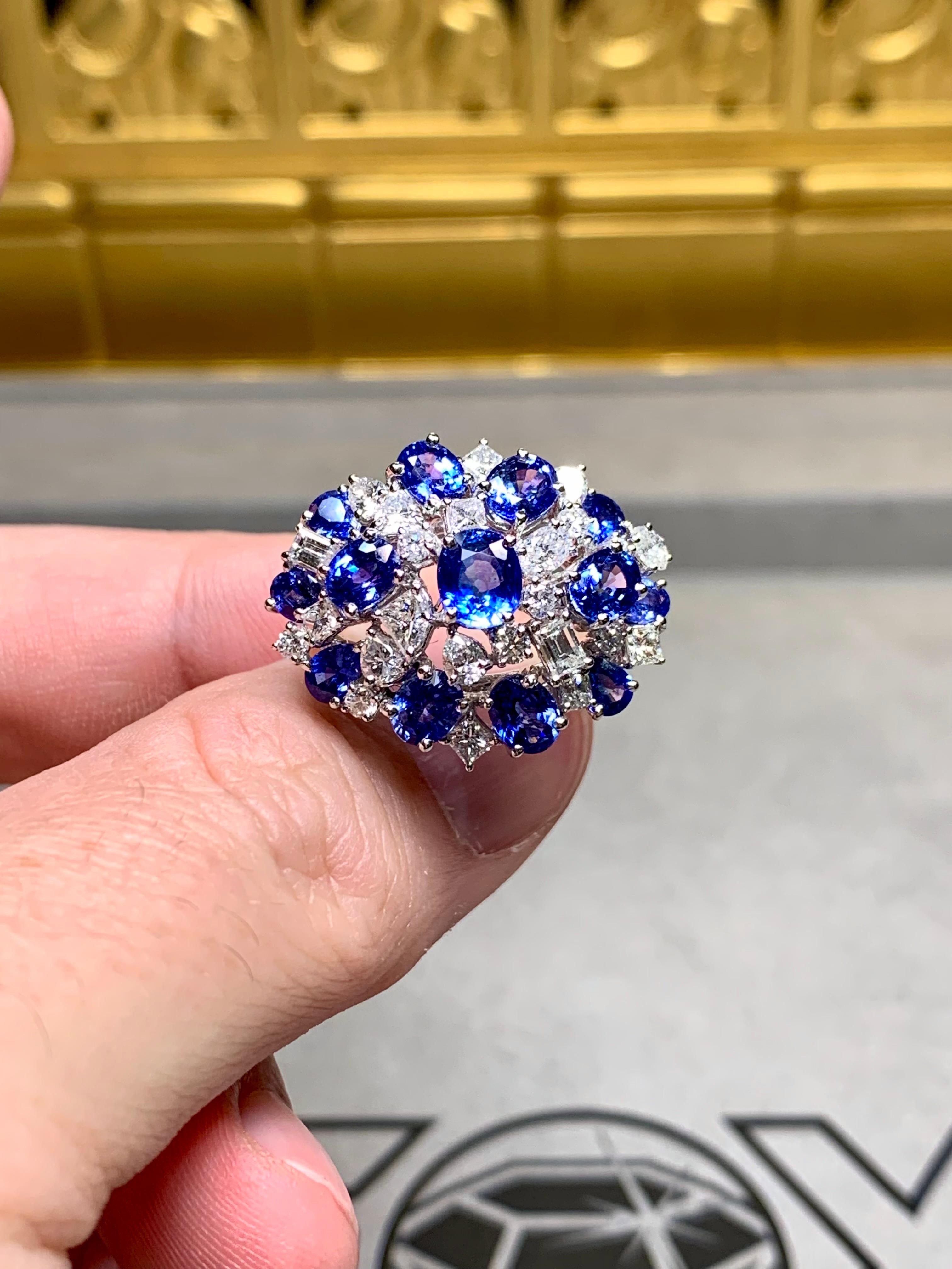 Estate 18K White Gold Fancy Diamond Sapphire Large Cluster Cocktail Ring 10ctw In Excellent Condition For Sale In Winter Springs, FL
