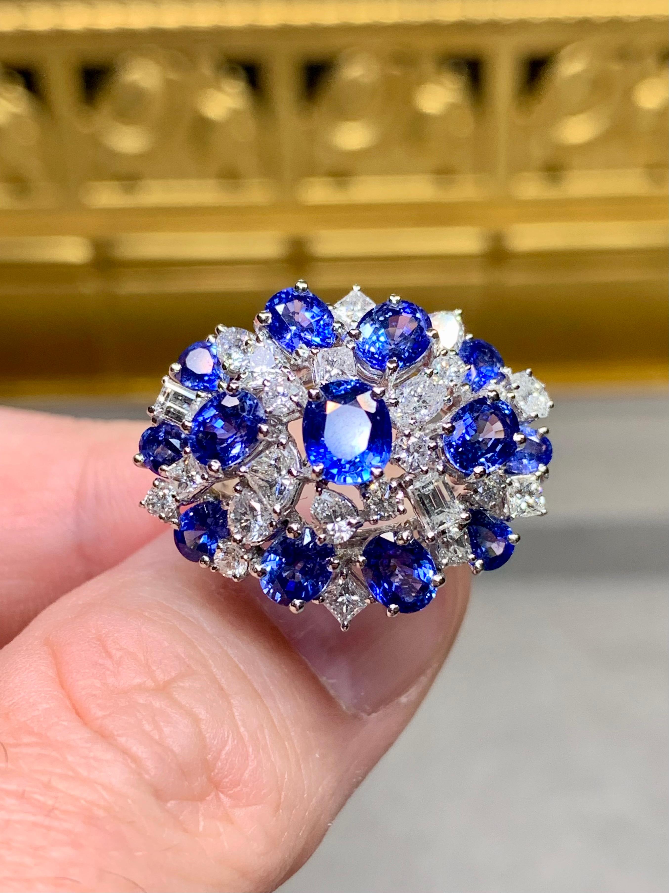Estate 18K White Gold Fancy Diamond Sapphire Large Cluster Cocktail Ring 10ctw For Sale 2