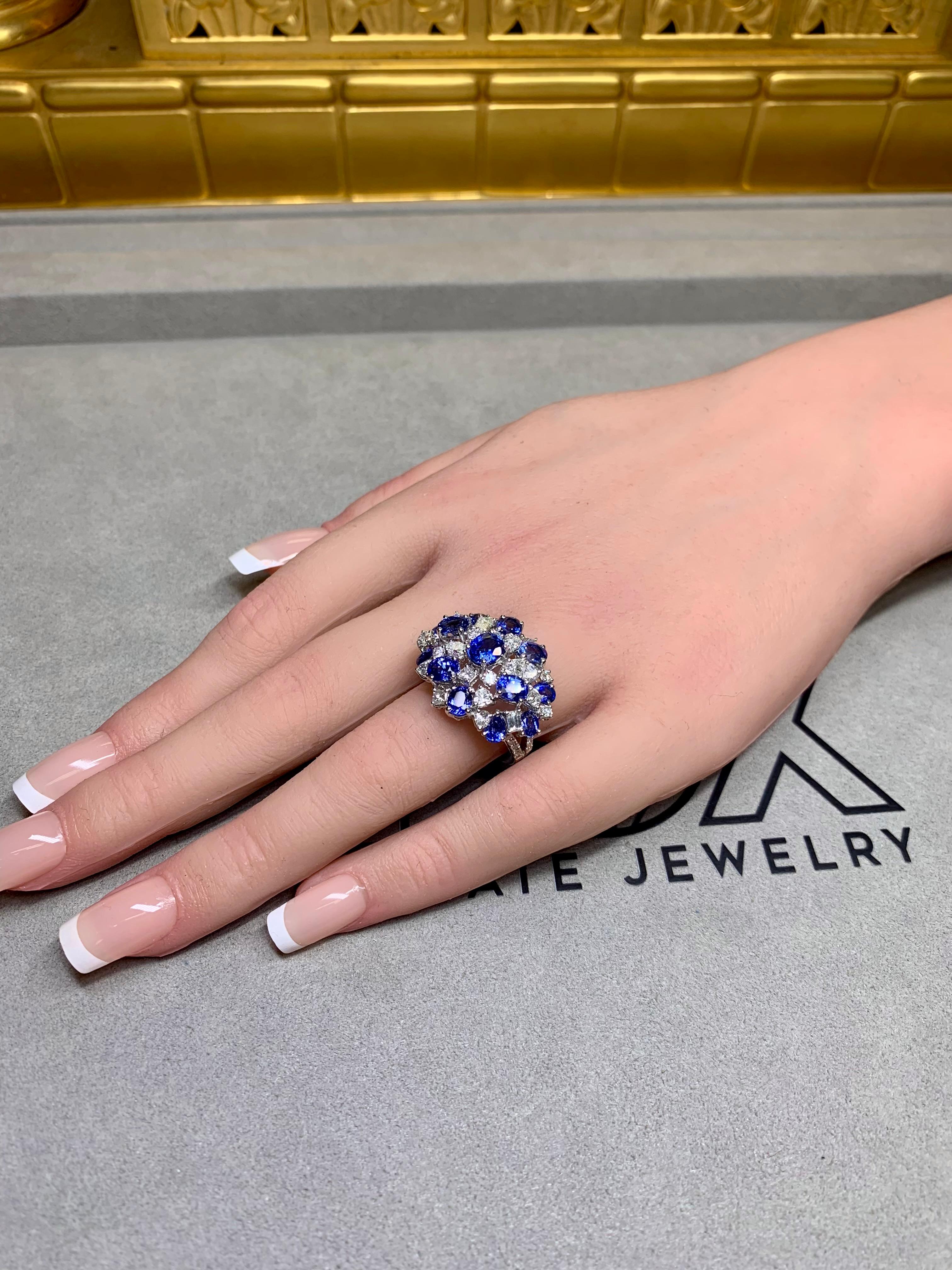 Estate 18K White Gold Fancy Diamond Sapphire Large Cluster Cocktail Ring 10ctw For Sale 3
