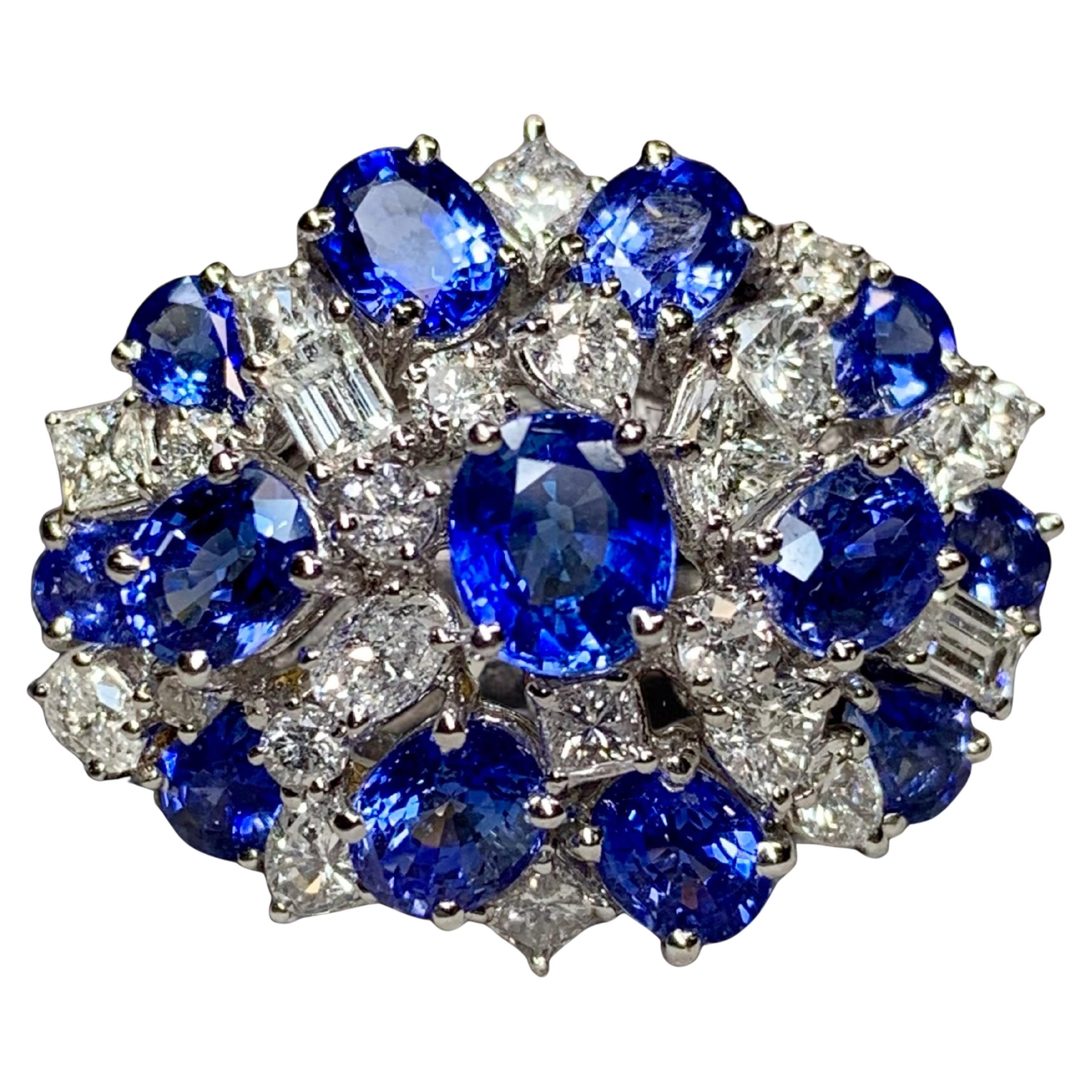 Estate 18K White Gold Fancy Diamond Sapphire Large Cluster Cocktail Ring 10ctw For Sale