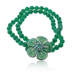 Estate 18K White Gold Green Onyx Bead Strand Flower Diamond Necklace