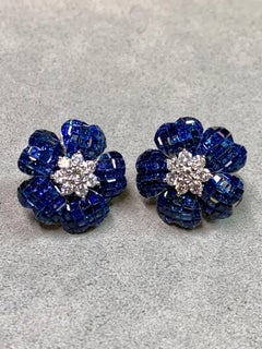 Estate 18K White Gold Invisible Set Sapphire Diamond Flower Earrings 16.70ctw