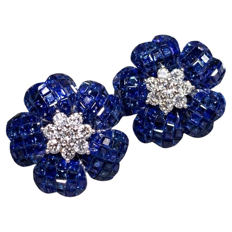 Pendientes flor diamante zafiro engastados invisibles de oro blanco de 18 quilates 16,70 ctw