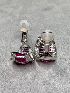 Estate 18K White Gold Invisible Vivid Ruby Baguette Diamond Huggie Earrings