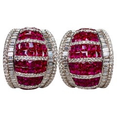 Estate 18K White Gold Invisible Vivid Ruby Baguette Diamond Huggie Earrings