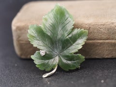 Estate 18K White Gold Jade Leaf Brooch with Diamond - VHK#524a