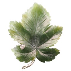 Estate 18K White Gold Jade Leaf Brooch with Diamond - VHK#524a