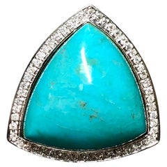 Nachlass 18K Weißgold LARGE Dreieckiger Cabochon Türkis-Diamant-Cocktailring