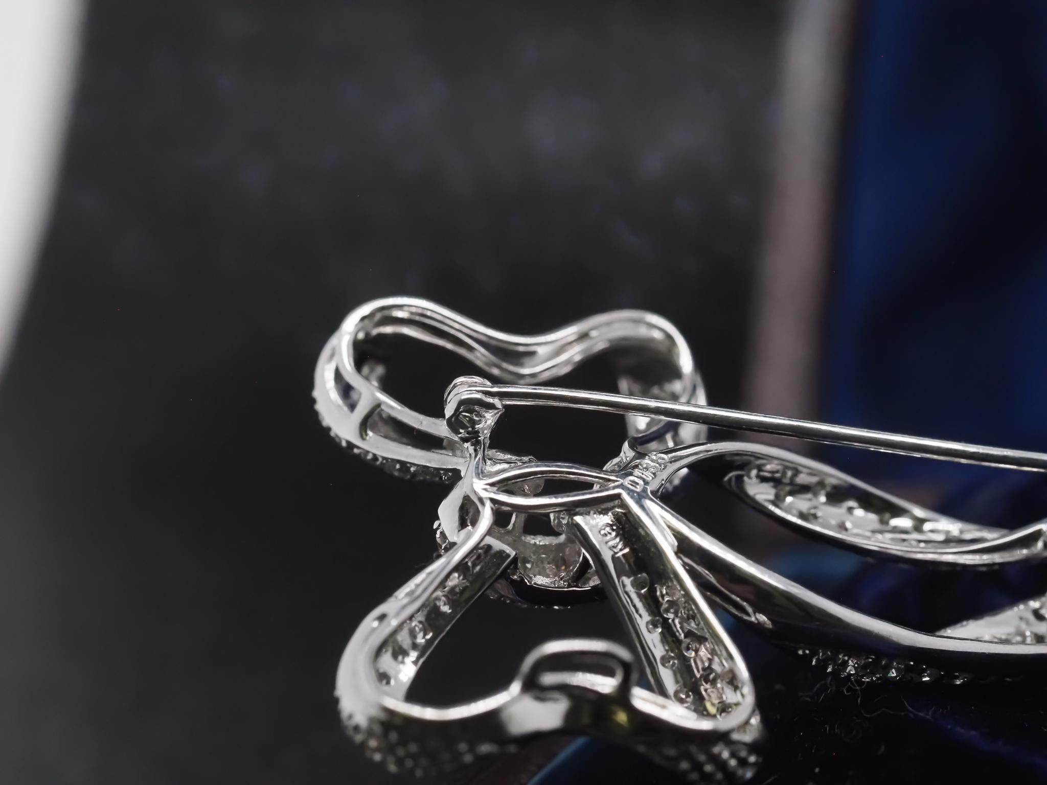 Estate 18K White Gold Long Ribbon Diamond Brooch For Sale 1