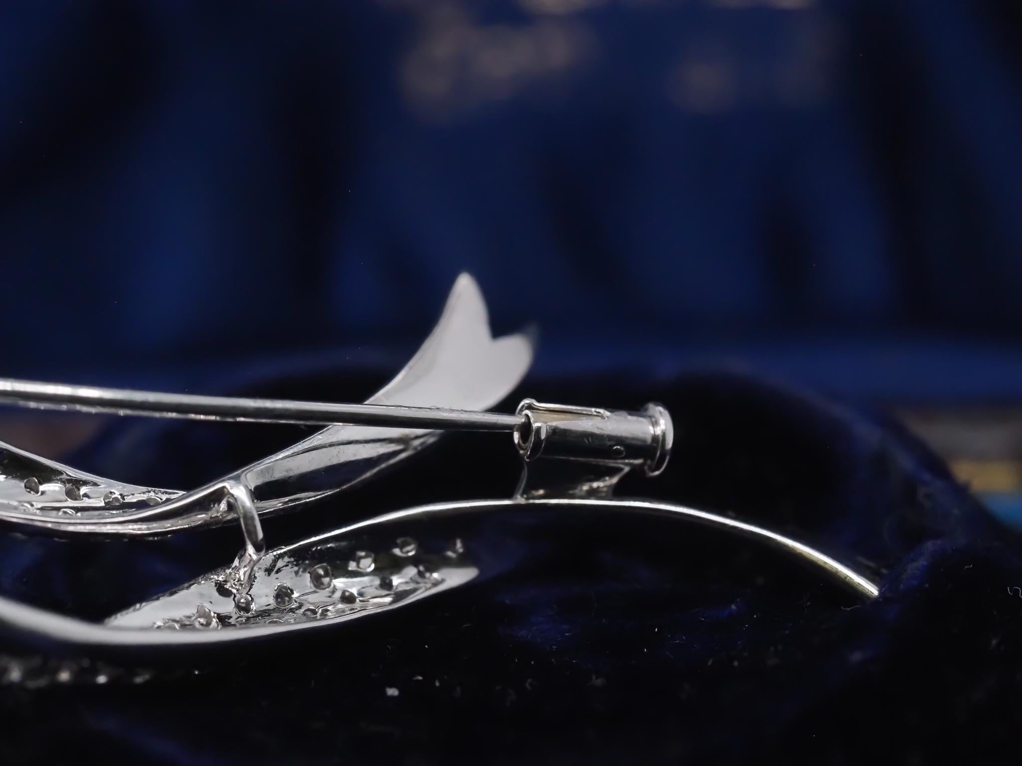 Estate 18K White Gold Long Ribbon Diamond Brooch For Sale 2