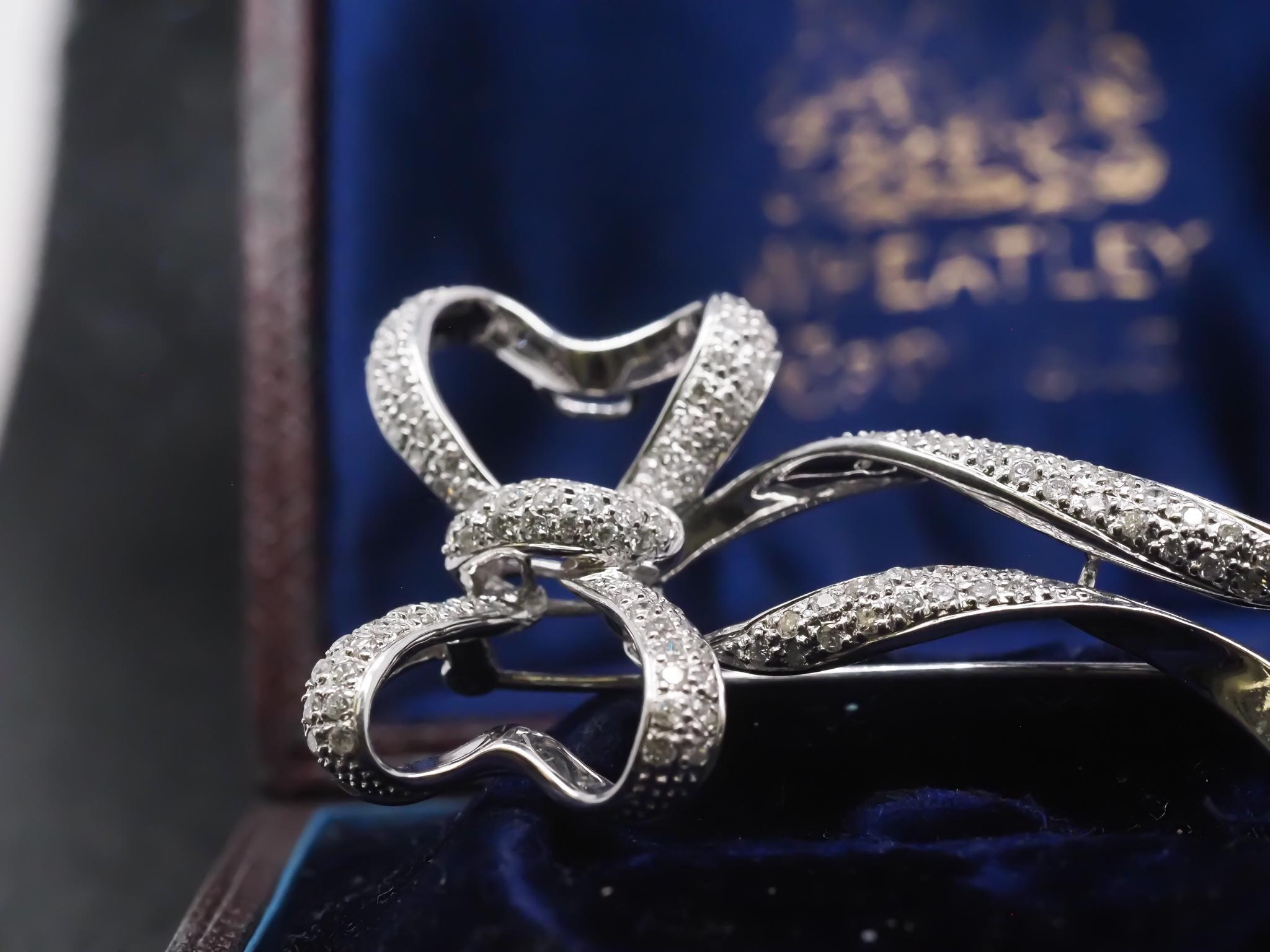 Estate 18K White Gold Long Ribbon Diamond Brooch For Sale 3