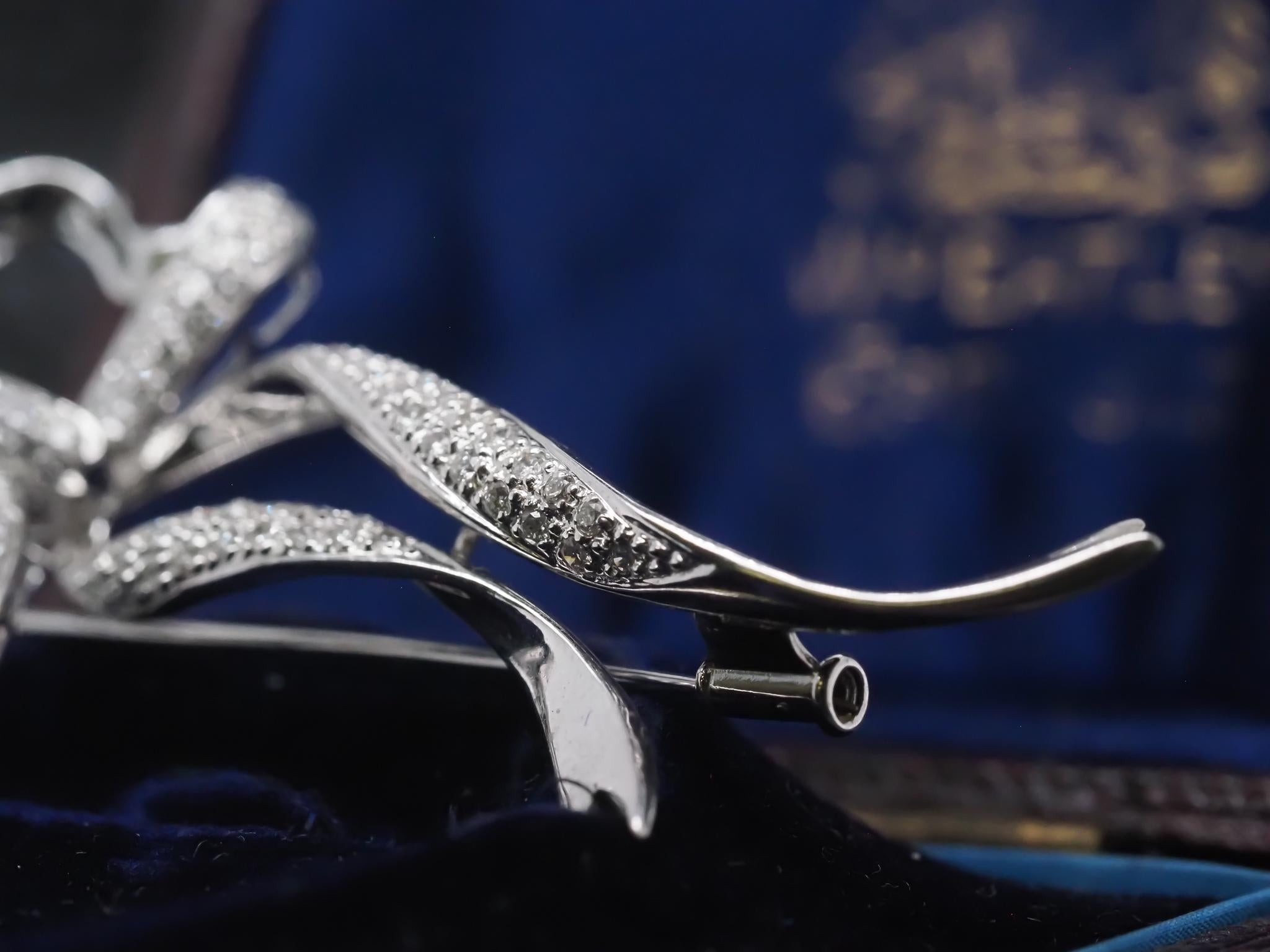 Estate 18K White Gold Long Ribbon Diamond Brooch For Sale 4