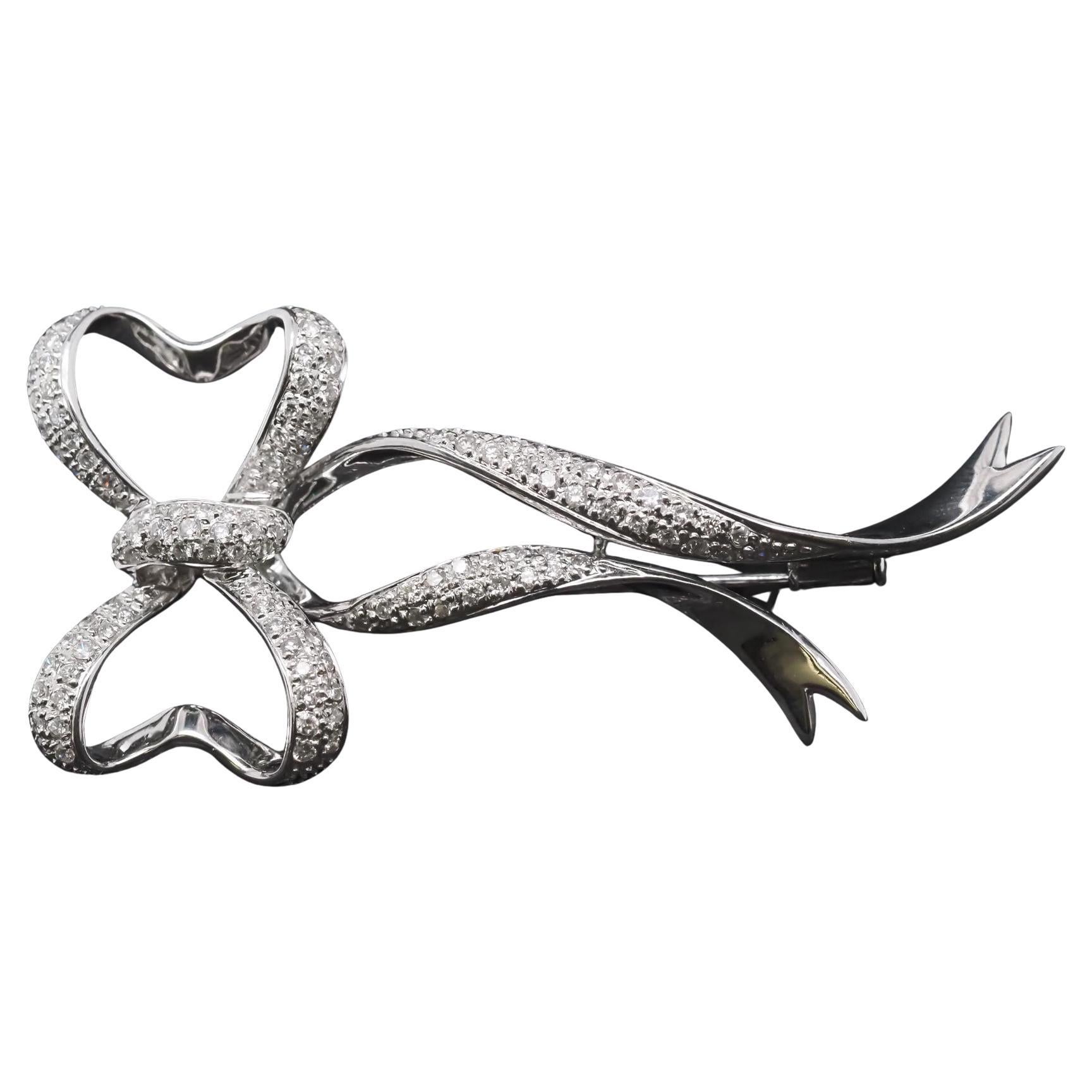 Estate 18K White Gold Long Ribbon Diamond Brooch
