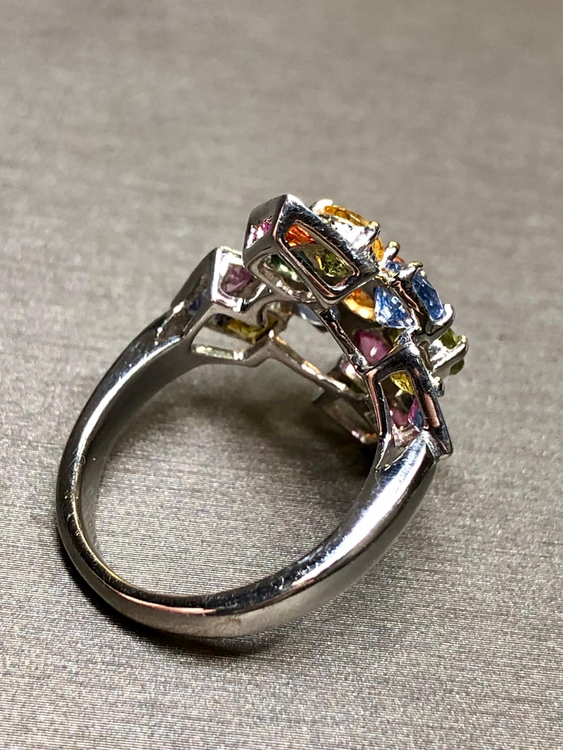 Contemporary Estate 18K White Gold Multicolored Sapphire Cross Cocktail Ring Sz 5.75 5.05cttw For Sale
