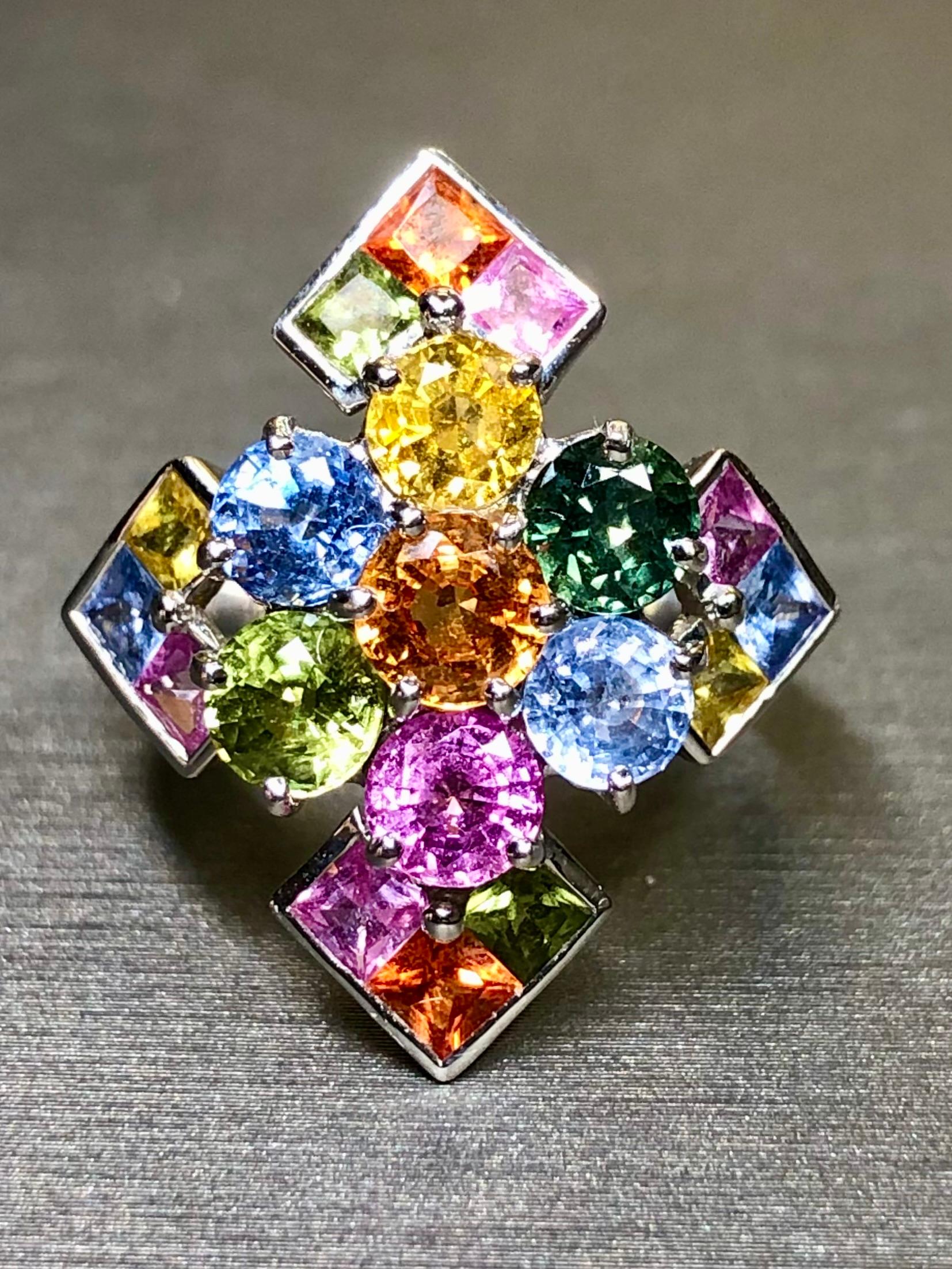 Round Cut Estate 18K White Gold Multicolored Sapphire Cross Cocktail Ring Sz 5.75 5.05cttw For Sale