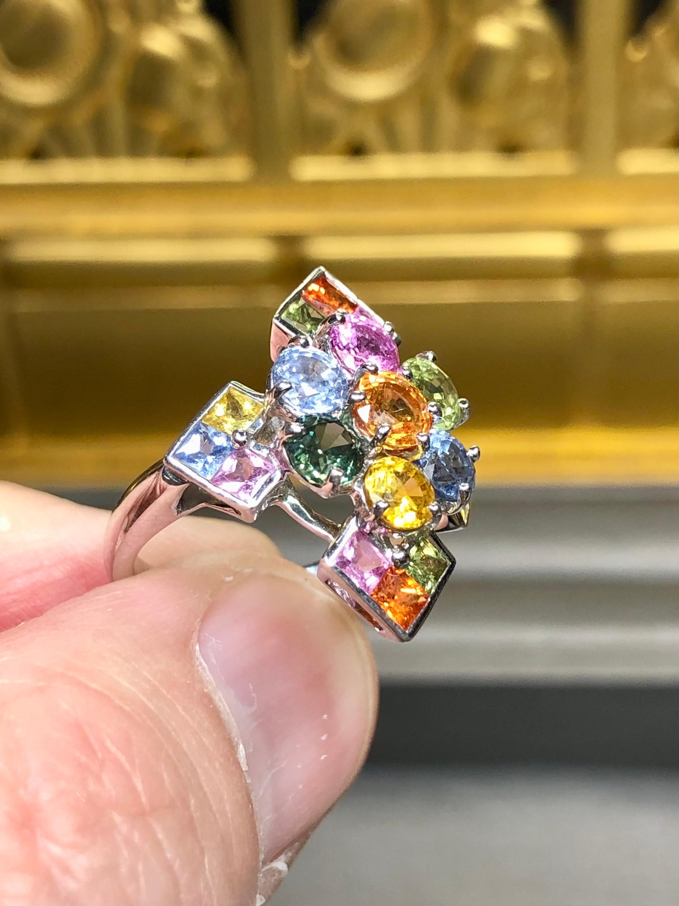 Women's or Men's Estate 18K White Gold Multicolored Sapphire Cross Cocktail Ring Sz 5.75 5.05cttw For Sale