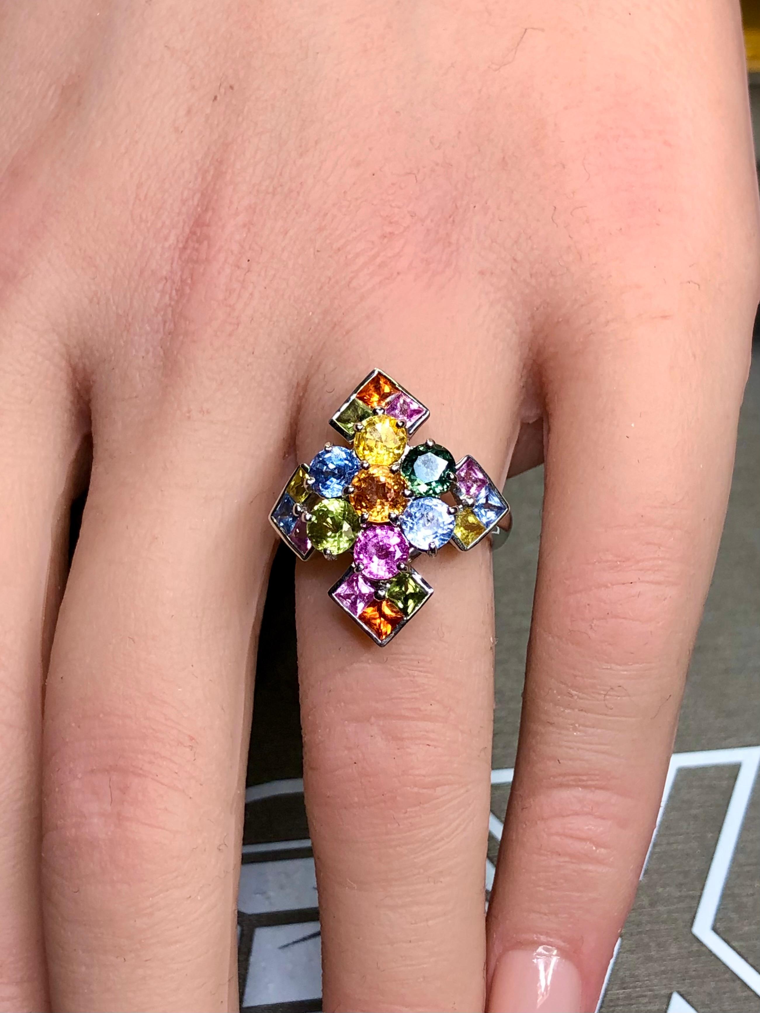 Estate 18K White Gold Multicolored Sapphire Cross Cocktail Ring Sz 5.75 5.05cttw For Sale 1