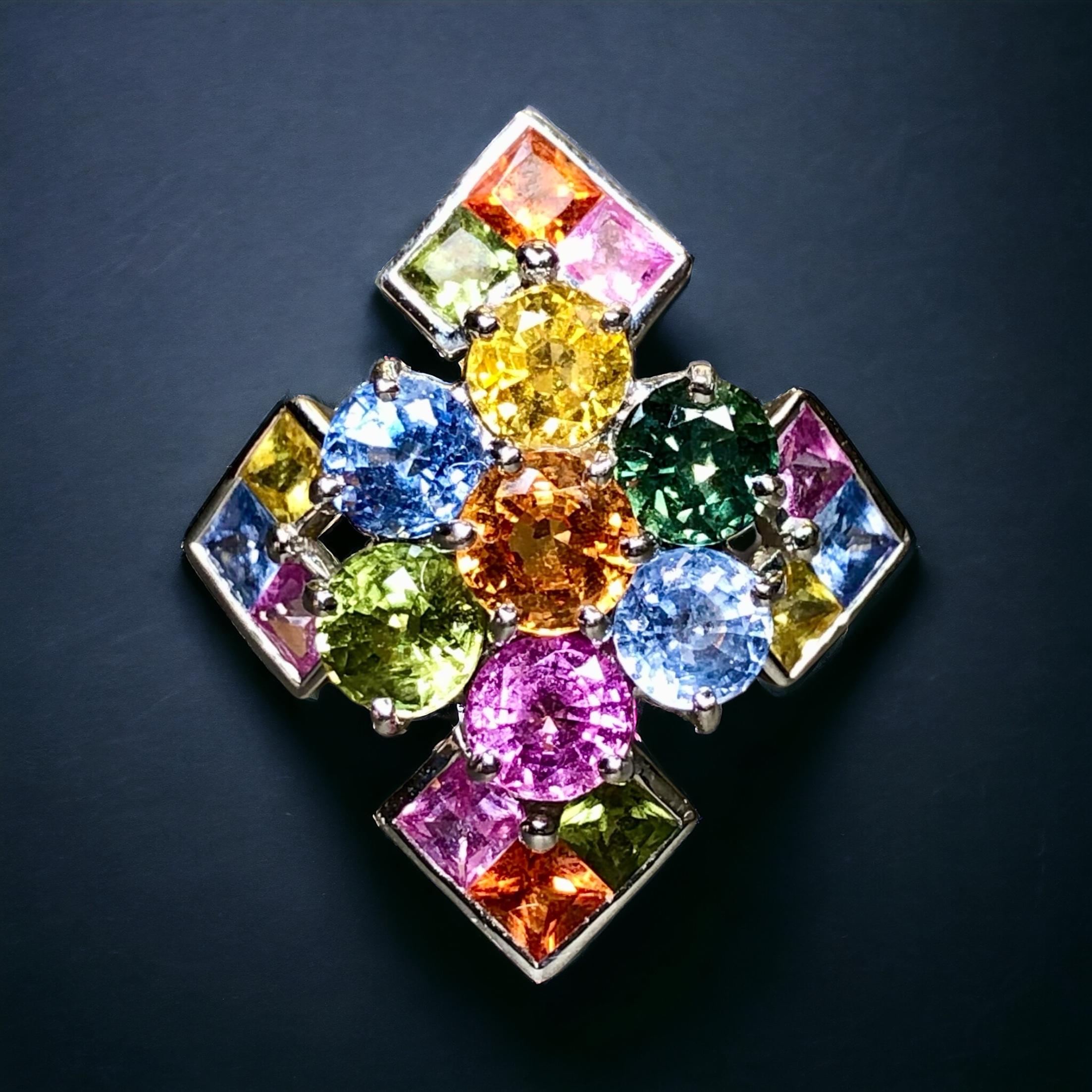 Estate 18K White Gold Multicolored Sapphire Cross Cocktail Ring Sz 5.75 5.05cttw For Sale 2