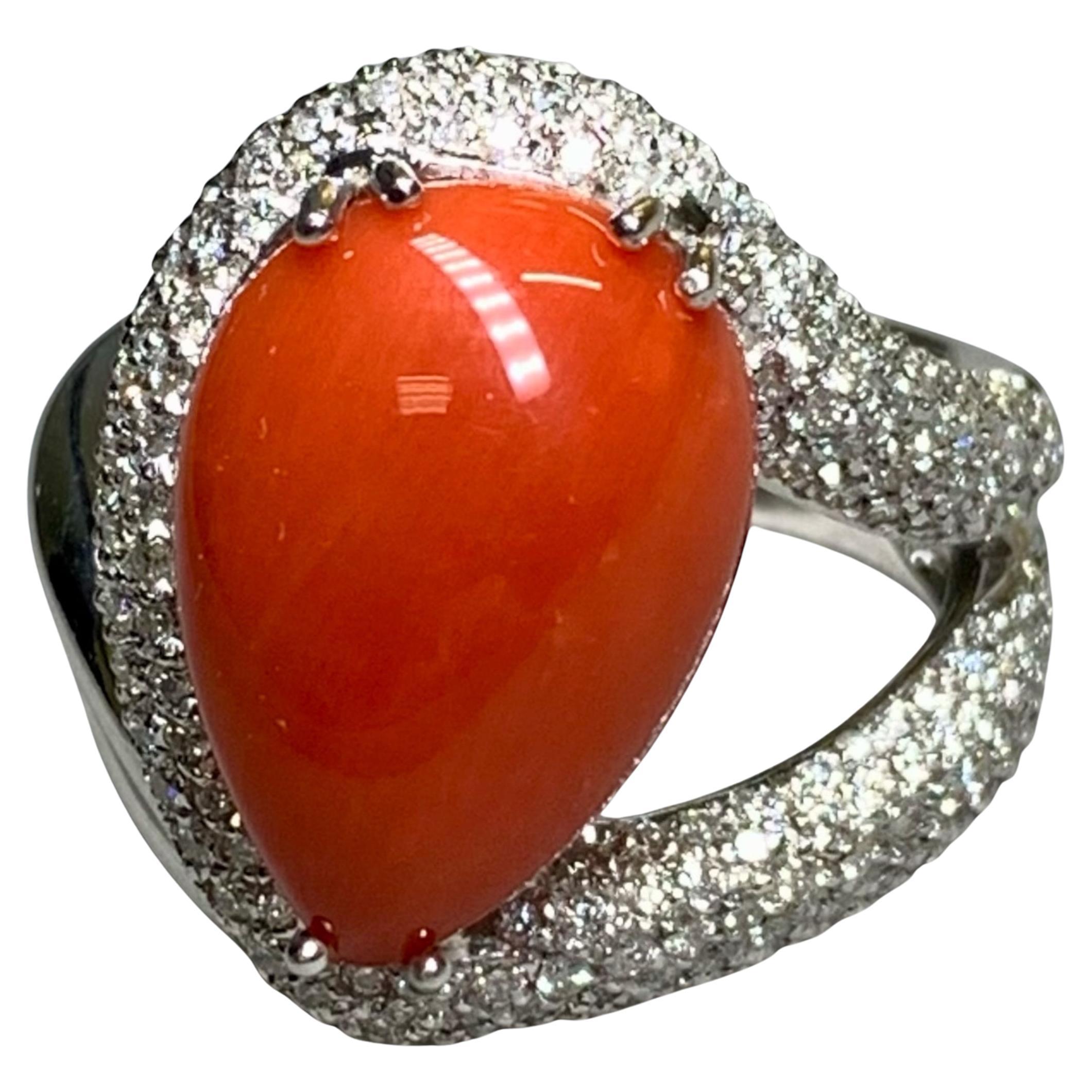 Estate 18K White Gold Pave Diamond Red Coral Cabochon Cocktail Ring Sz 7.75
