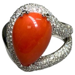 Estate 18K White Gold Pave Diamond Red Coral Cabochon Cocktail Ring Sz 7.75