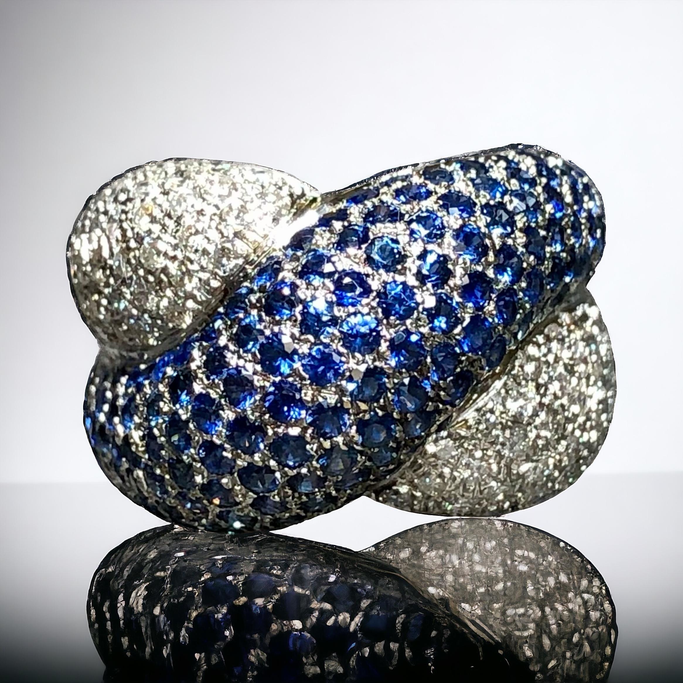 Estate 18K White Gold Pavé Diamond Sapphire X Crossover Cocktail Ring 4.28ctw For Sale 4