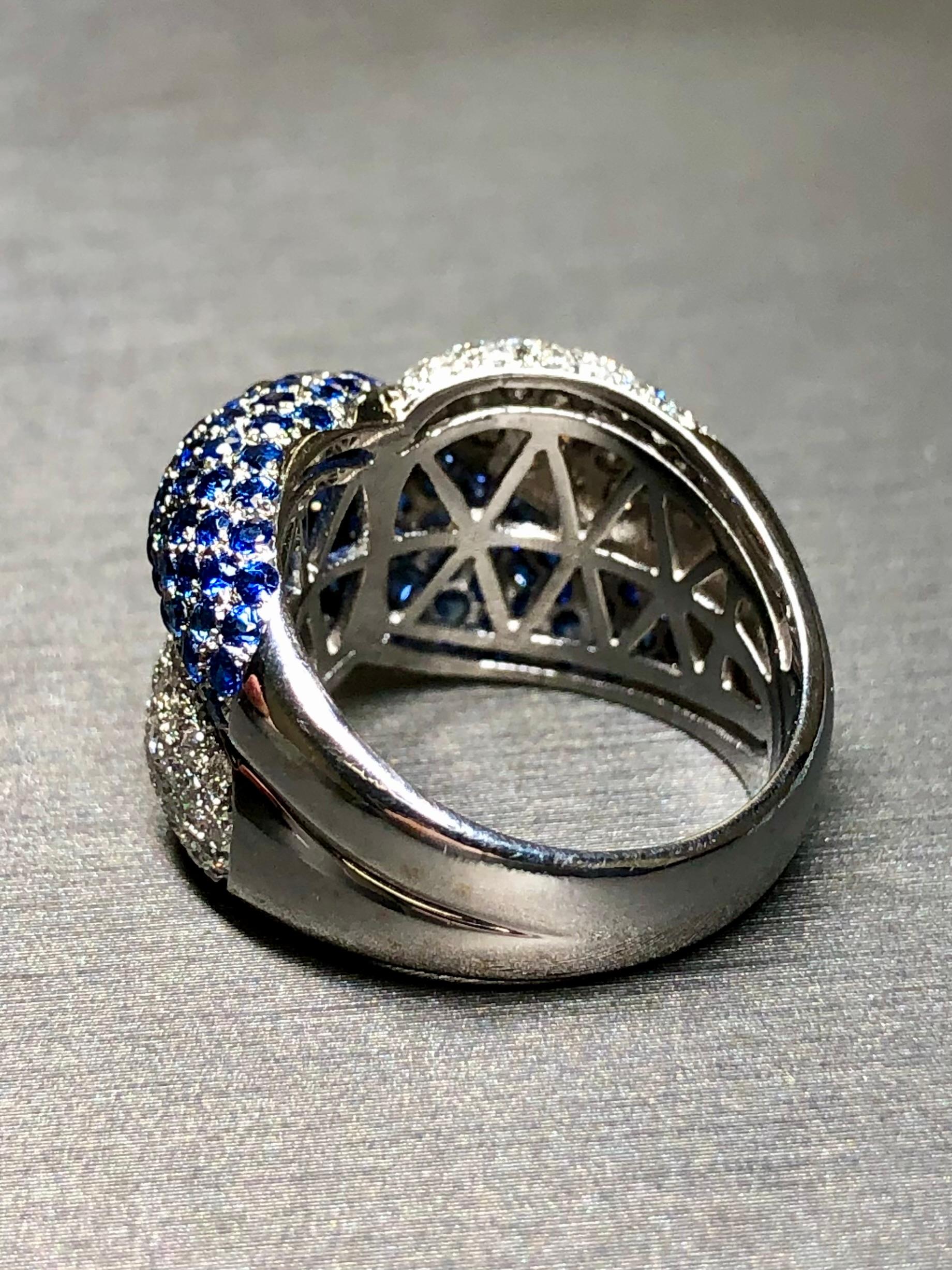 Contemporary Estate 18K White Gold Pavé Diamond Sapphire X Crossover Cocktail Ring 4.28ctw For Sale