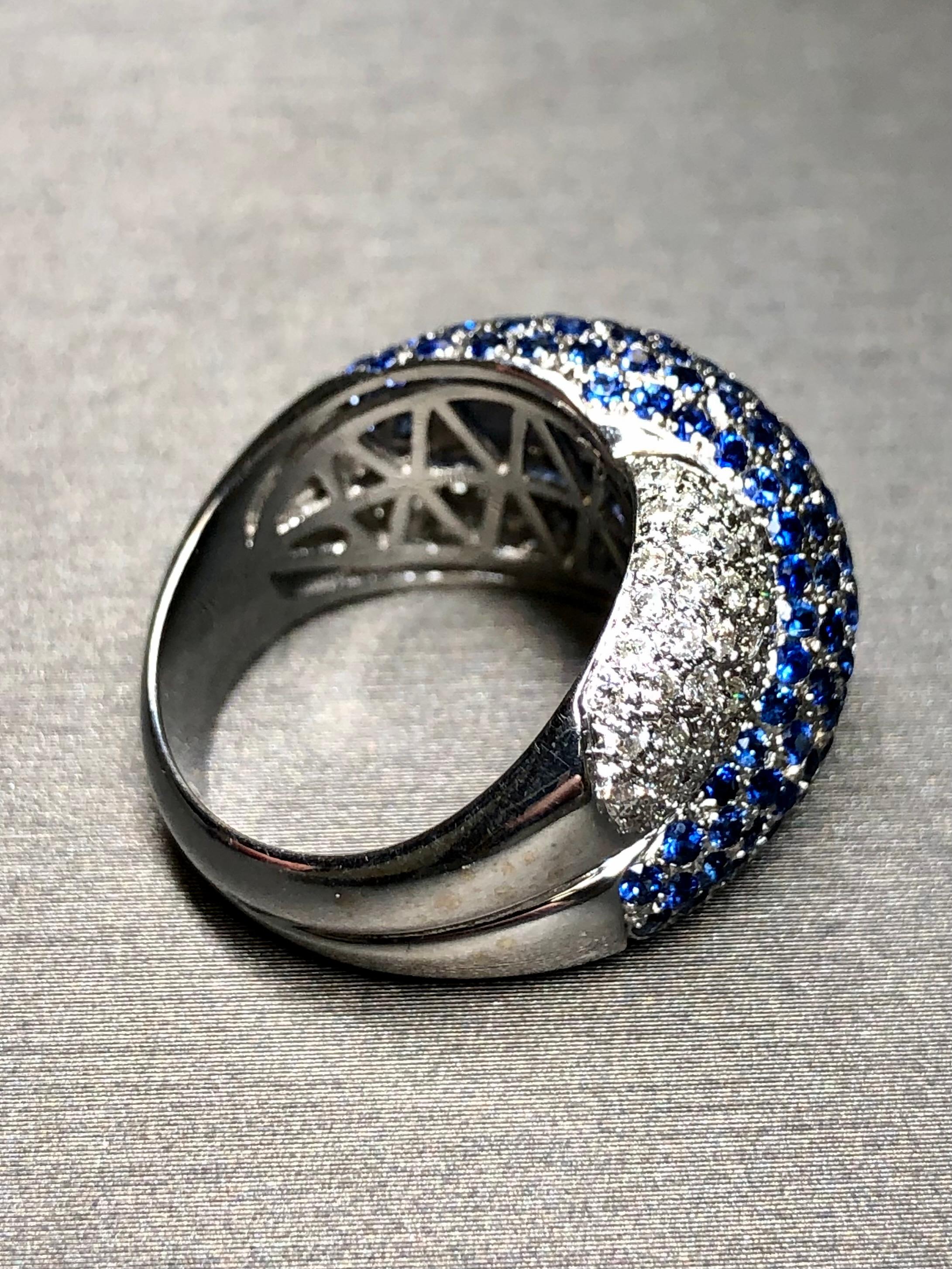 Round Cut Estate 18K White Gold Pavé Diamond Sapphire X Crossover Cocktail Ring 4.28ctw For Sale