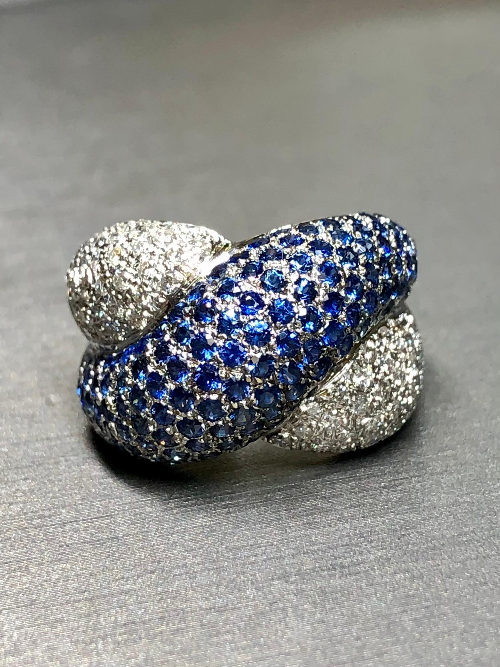 Estate 18K White Gold Pavé Diamond Sapphire X Crossover Cocktail Ring 4.28ctw In Excellent Condition For Sale In Winter Springs, FL