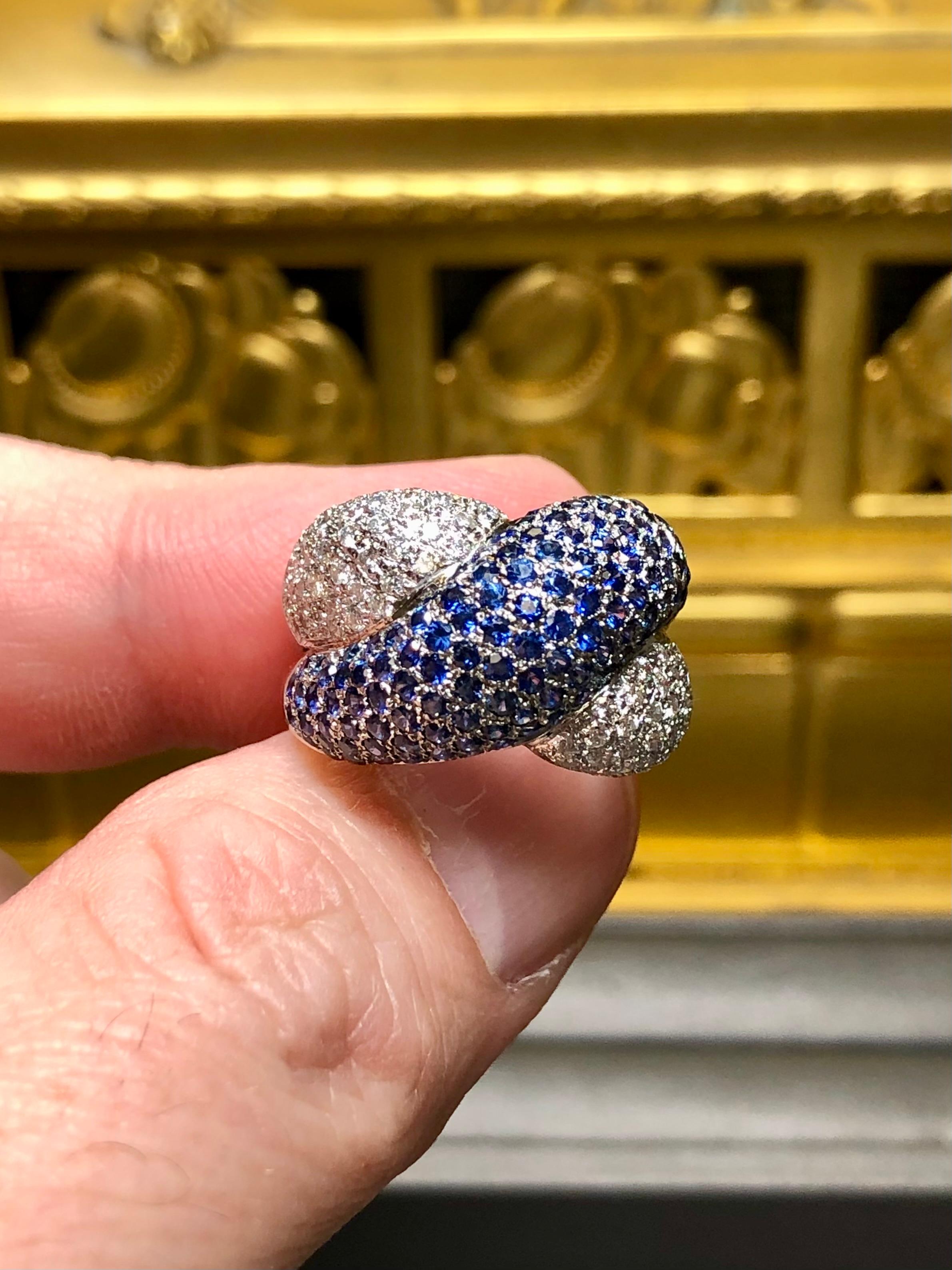 Women's or Men's Estate 18K White Gold Pavé Diamond Sapphire X Crossover Cocktail Ring 4.28ctw For Sale