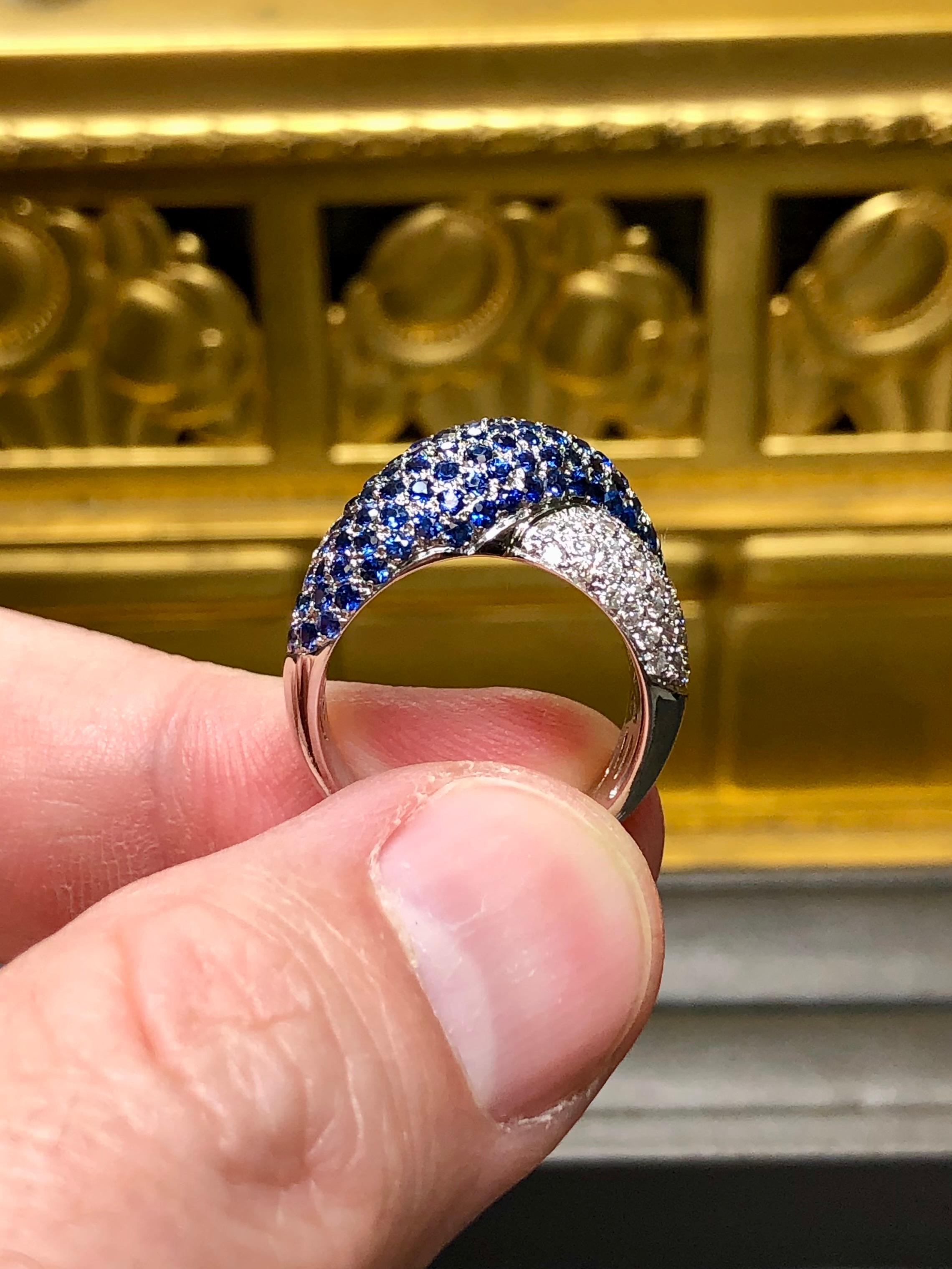 Estate 18K White Gold Pavé Diamond Sapphire X Crossover Cocktail Ring 4.28ctw For Sale 1