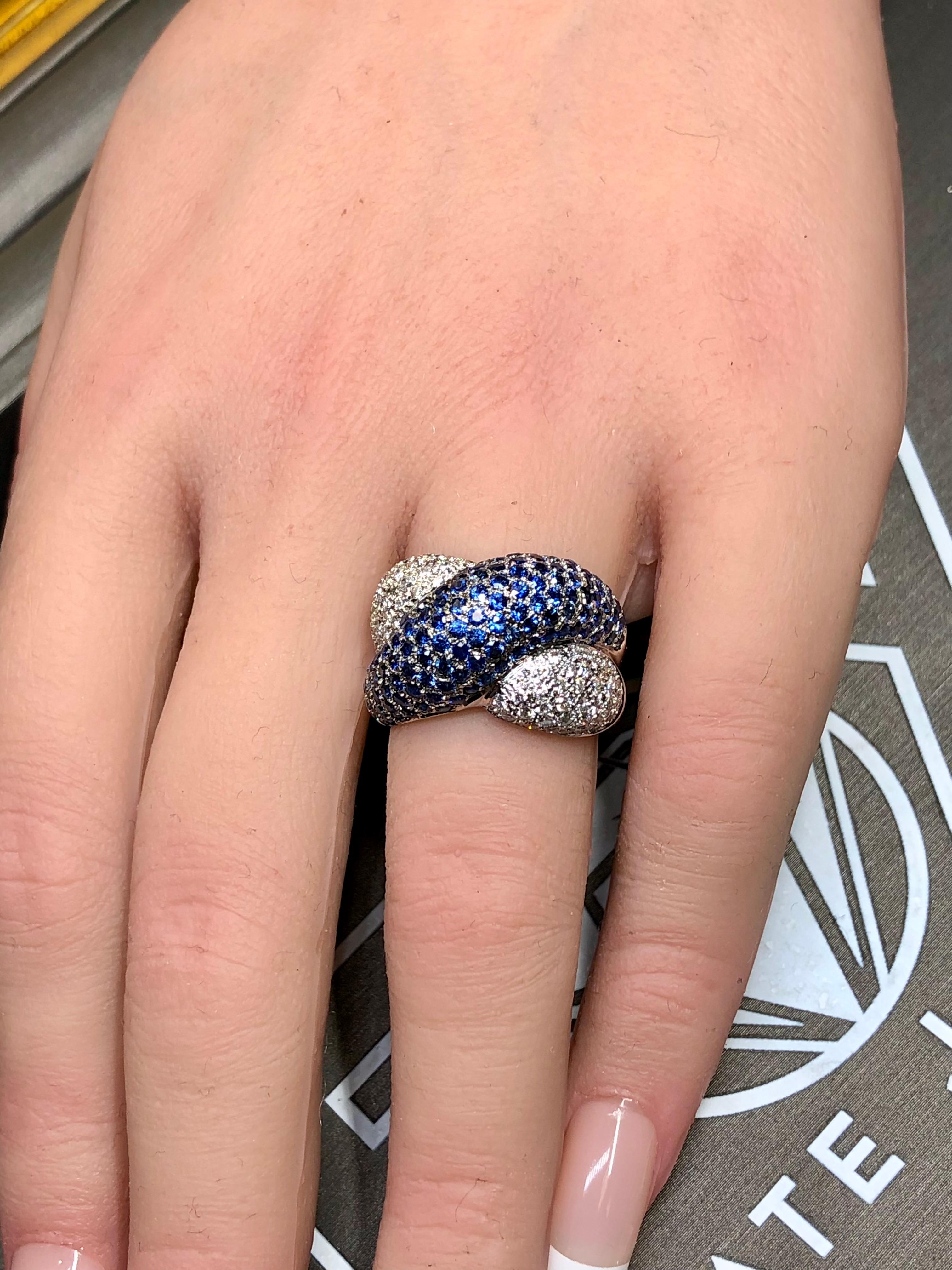 Estate 18K White Gold Pavé Diamond Sapphire X Crossover Cocktail Ring 4.28ctw For Sale 3