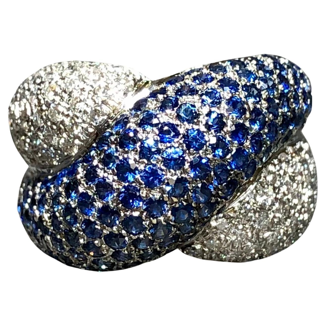 Estate 18K White Gold Pavé Diamond Sapphire X Crossover Cocktail Ring 4.28ctw