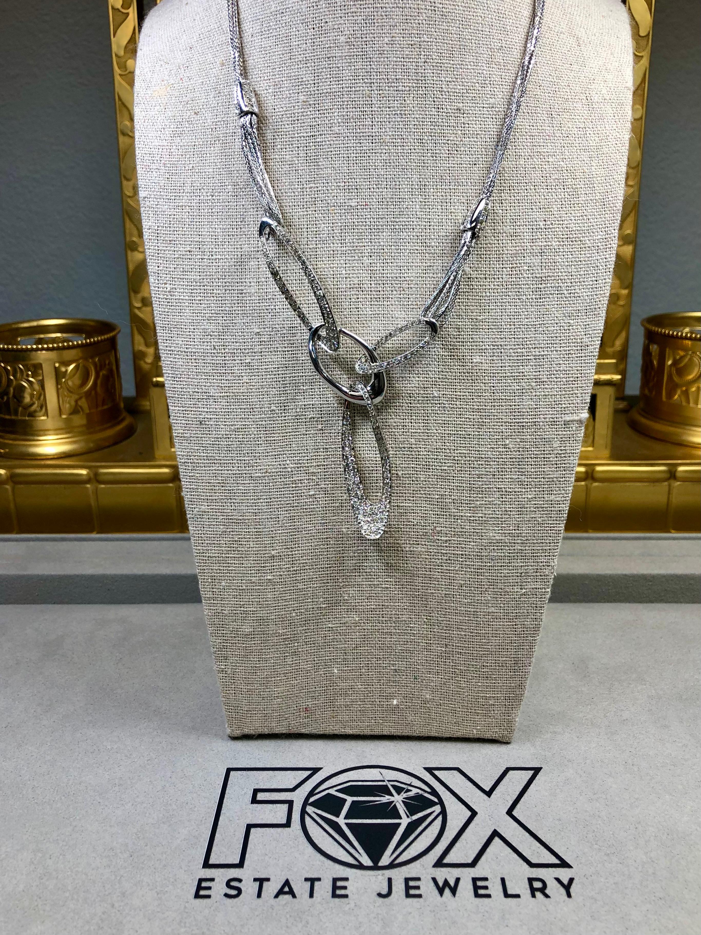 Women's or Men's Estate 18K White Gold Pavé Diamond Triple Oval Contemporary Drop Necklace 4.35ct For Sale