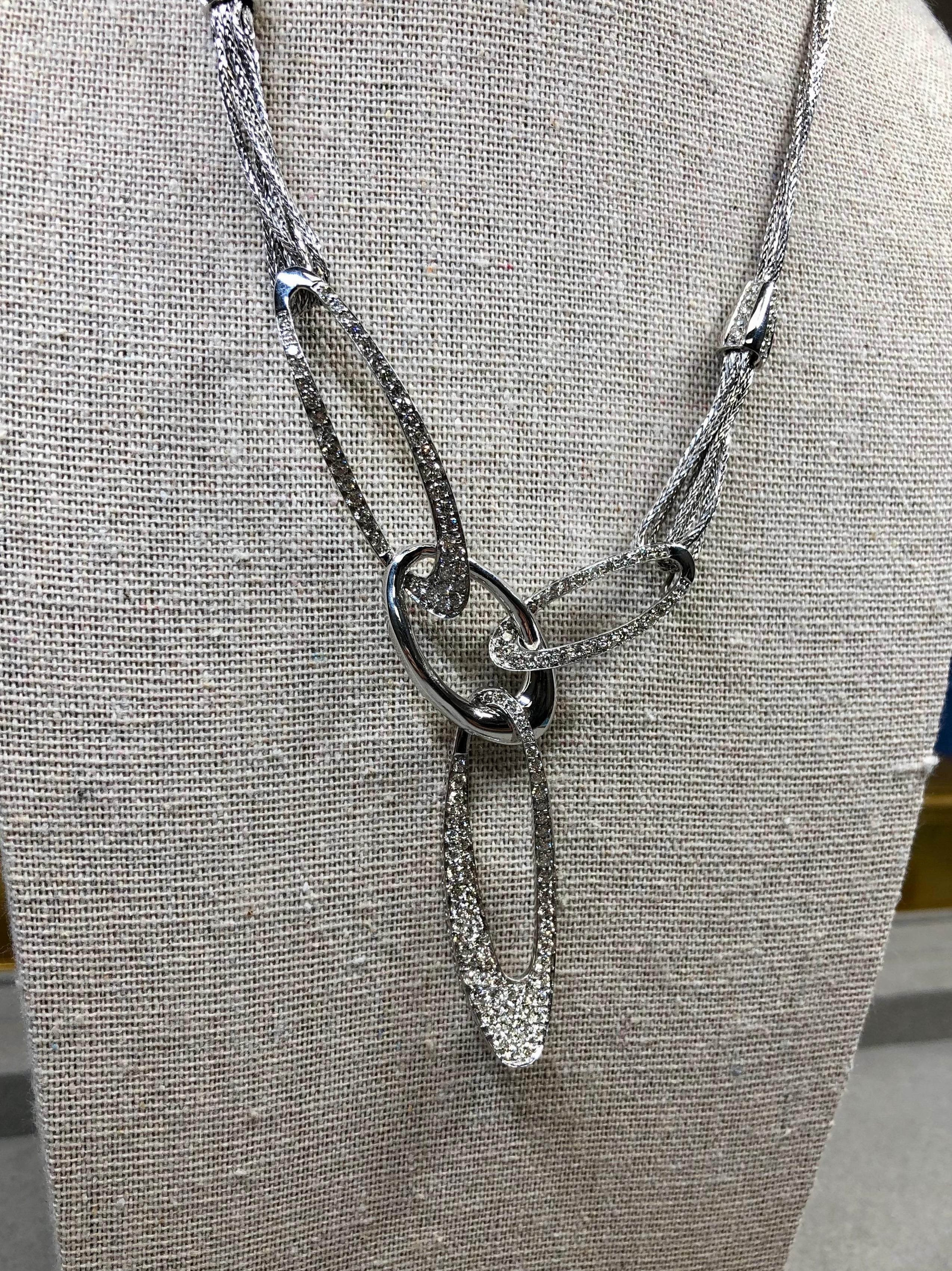 Estate 18K White Gold Pavé Diamond Triple Oval Contemporary Drop Necklace 4.35ct For Sale 1