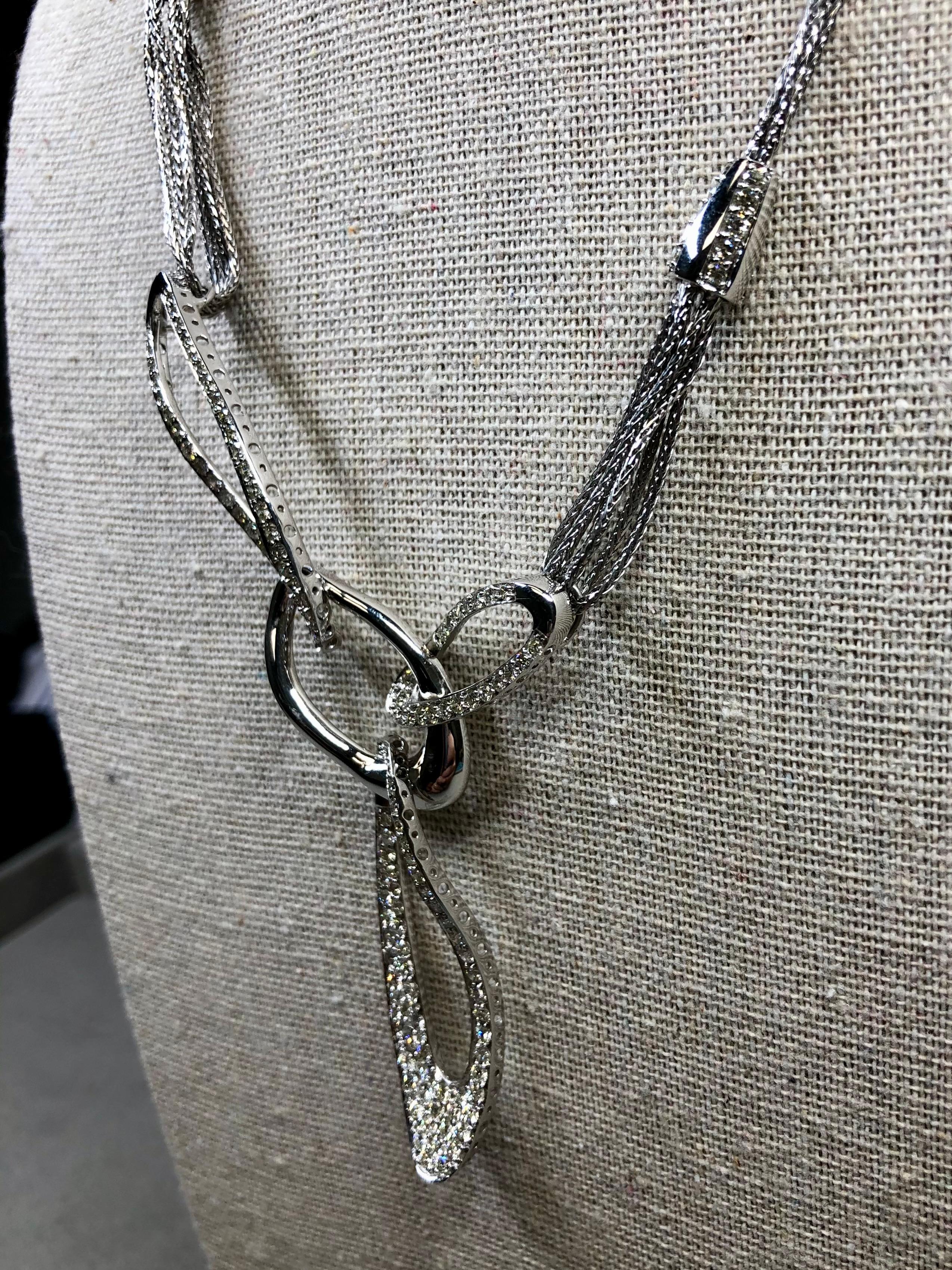 Estate 18K White Gold Pavé Diamond Triple Oval Contemporary Drop Necklace 4.35ct For Sale 2