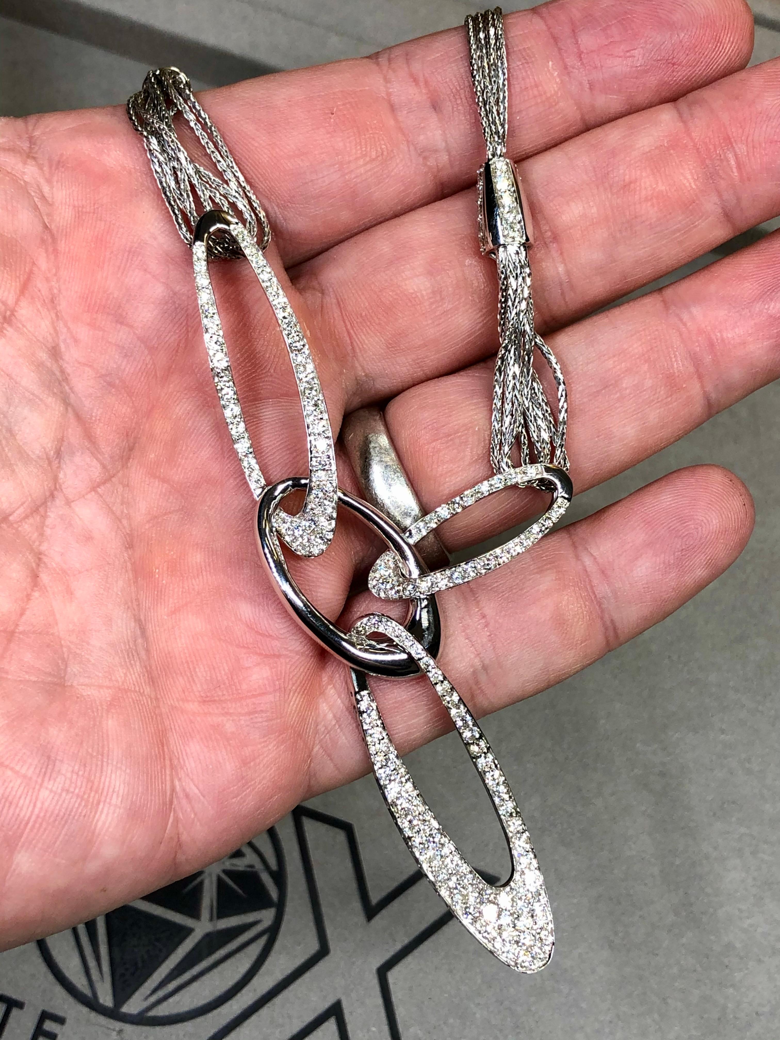Estate 18K White Gold Pavé Diamond Triple Oval Contemporary Drop Necklace 4.35ct For Sale 3