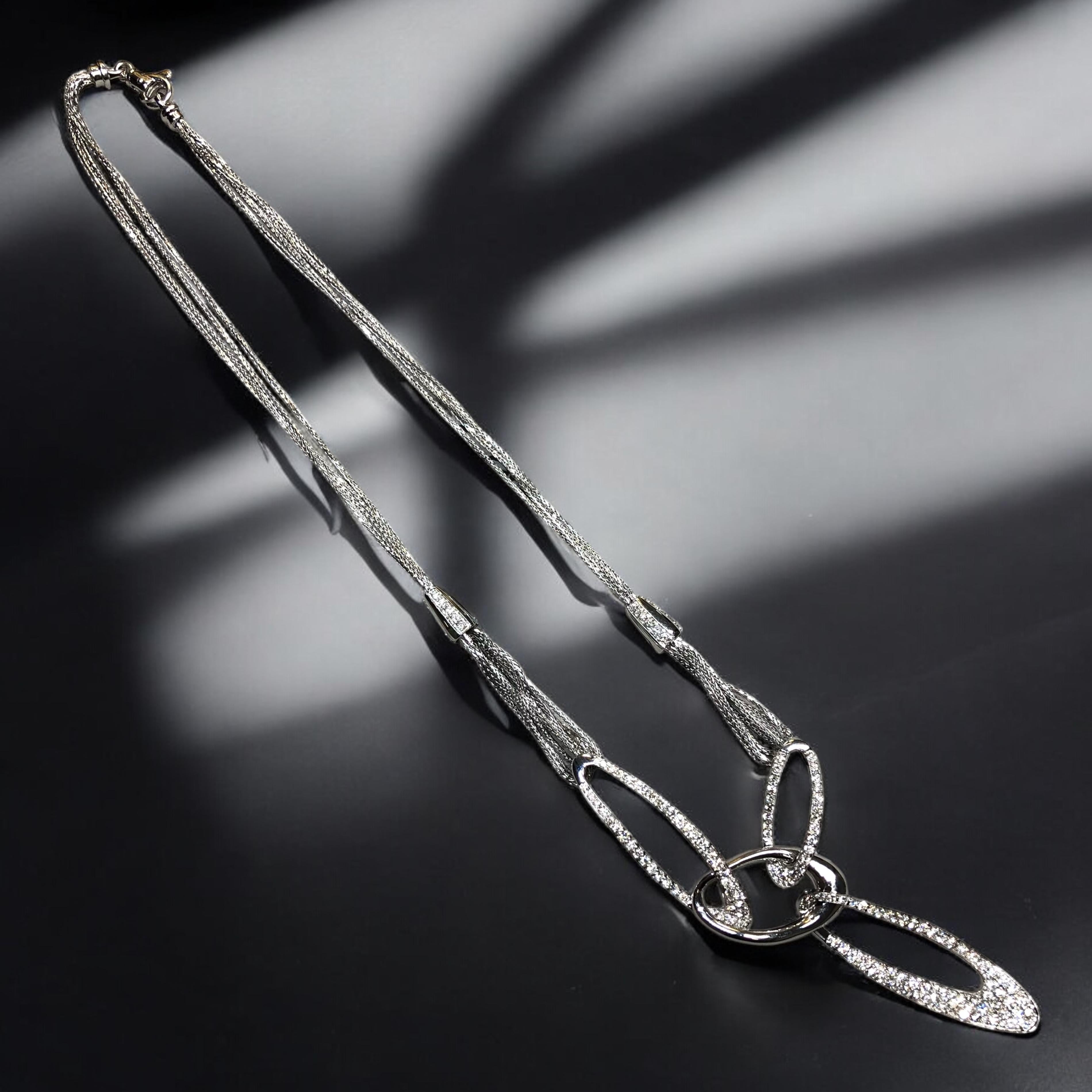 Estate 18K White Gold Pavé Diamond Triple Oval Contemporary Drop Necklace 4.35ct For Sale 4