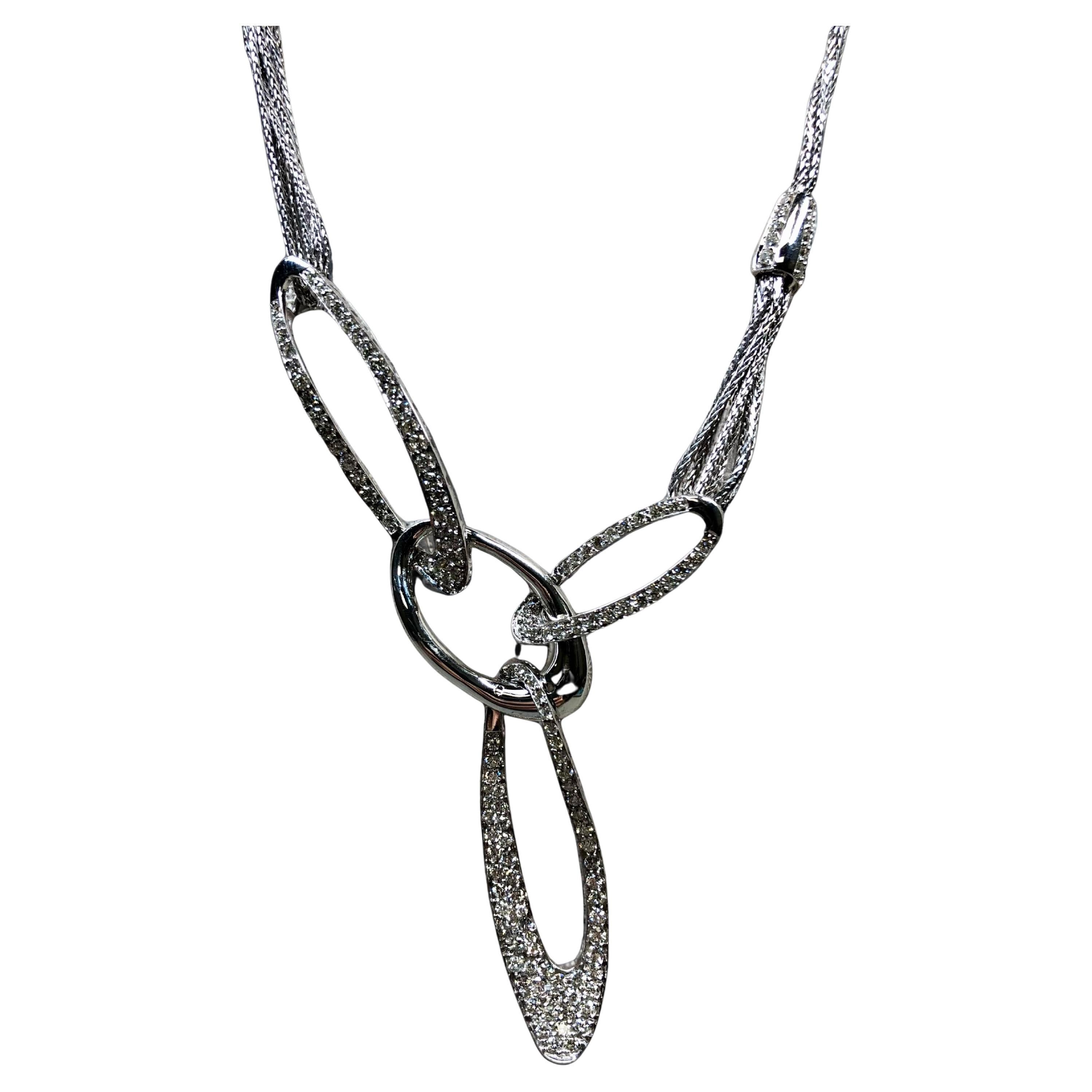 Estate 18K White Gold Pavé Diamond Triple Oval Contemporary Drop Necklace 4.35ct