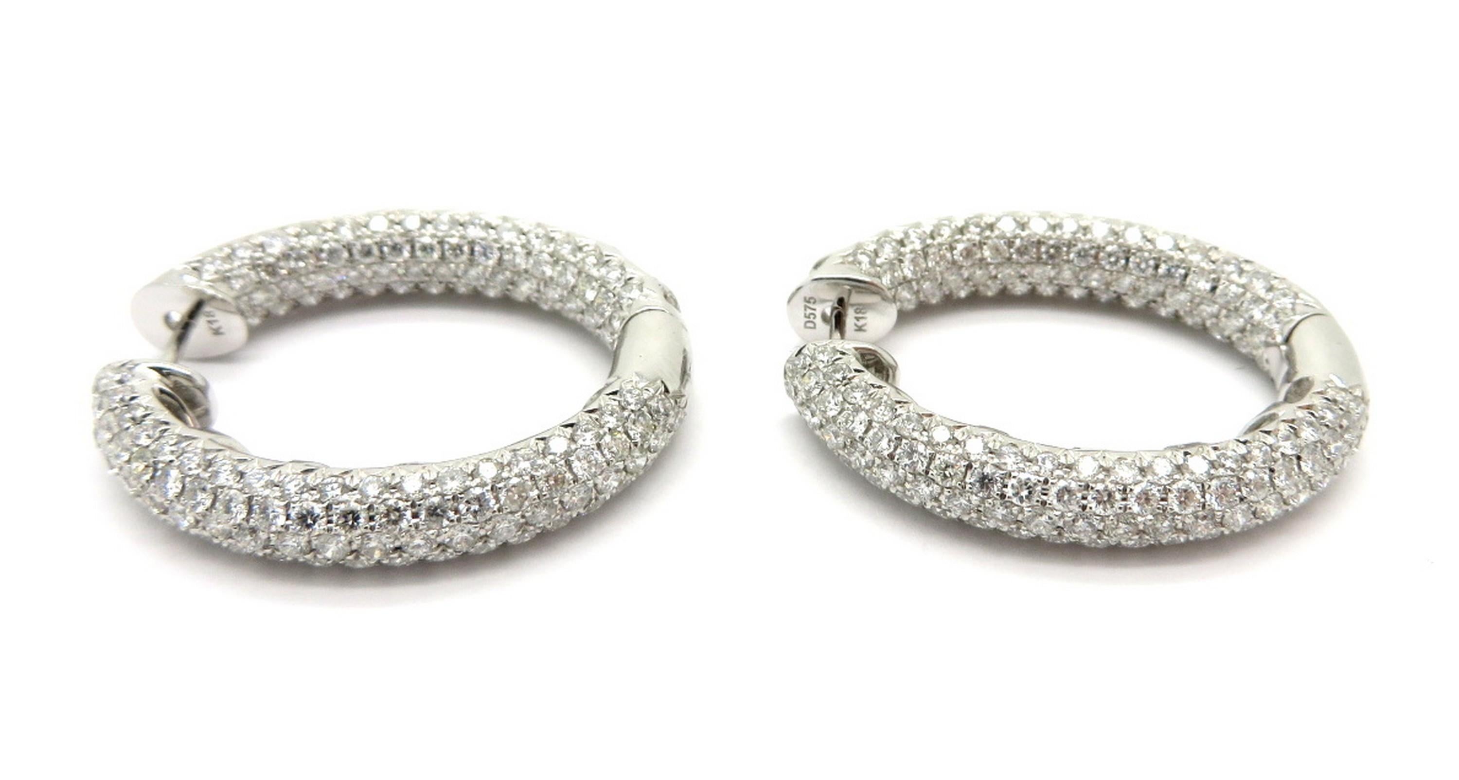 Oval Cut Estate 18 Karat White Gold Pave Oval Diamond Fashion Hoop Earrings For Sale