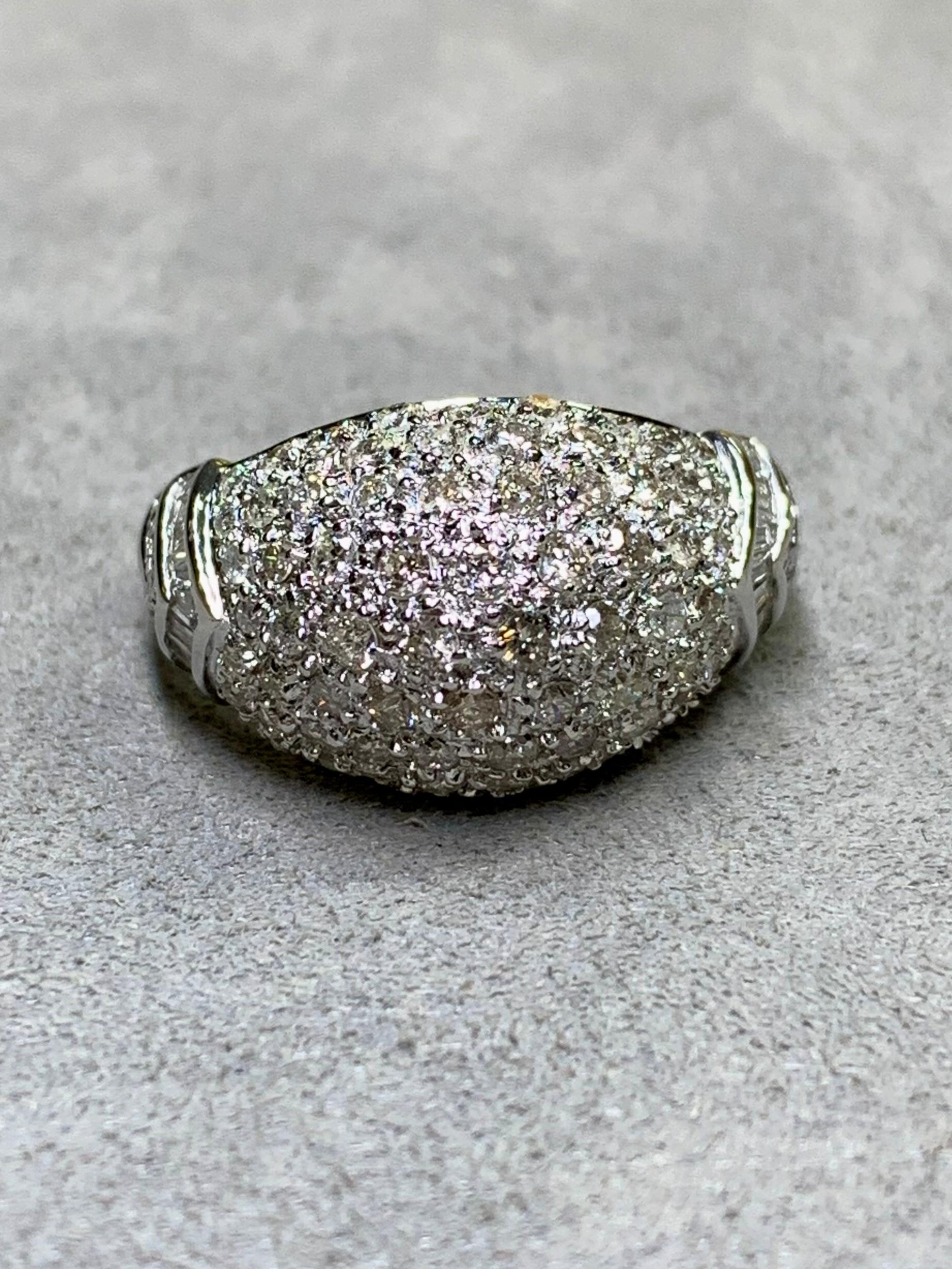 Contemporary Estate 18K White Gold Pavé Round Baguette Diamond Dome Cocktail Ring 2.10ctw For Sale