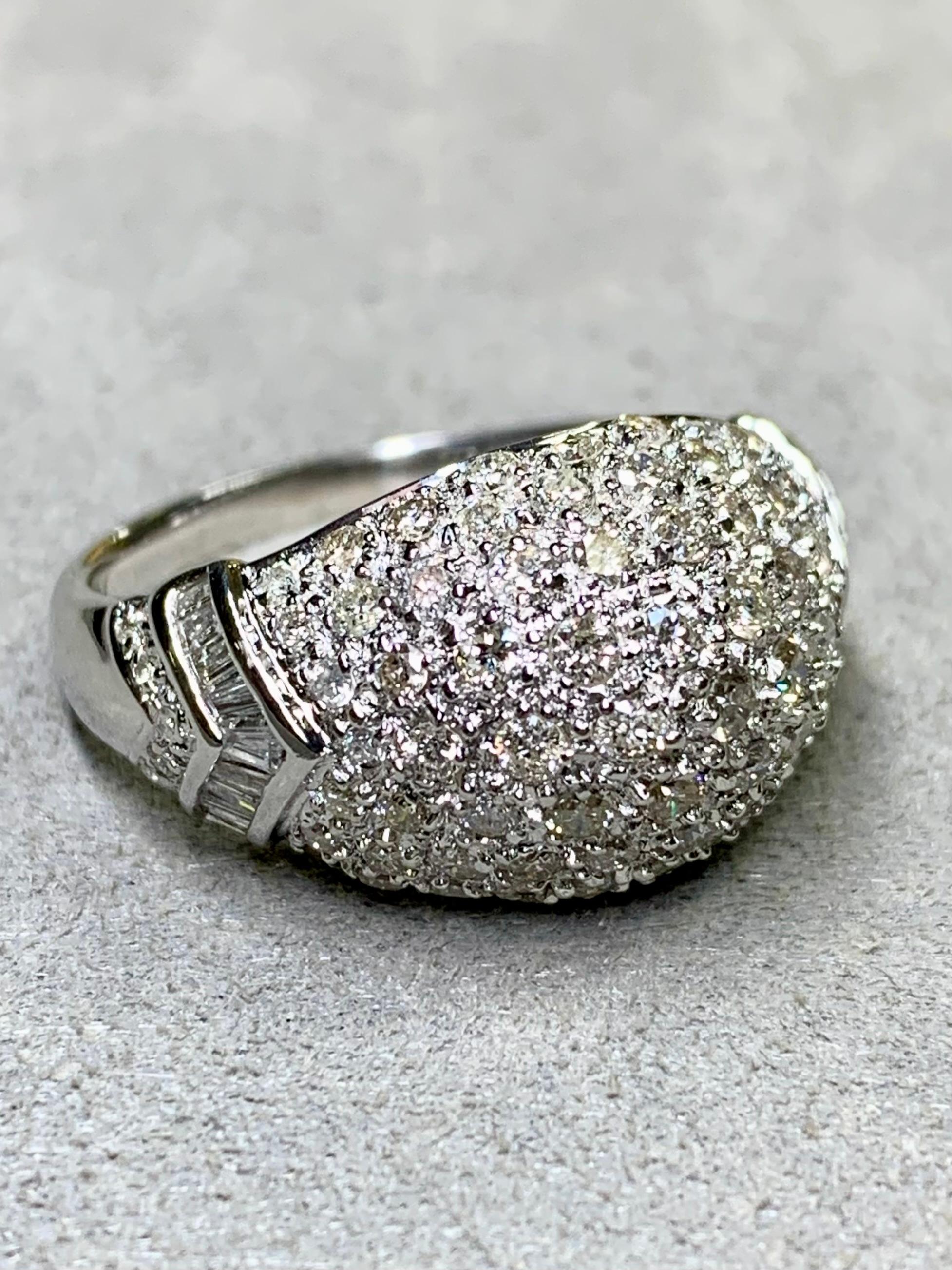 Round Cut Estate 18K White Gold Pavé Round Baguette Diamond Dome Cocktail Ring 2.10ctw For Sale