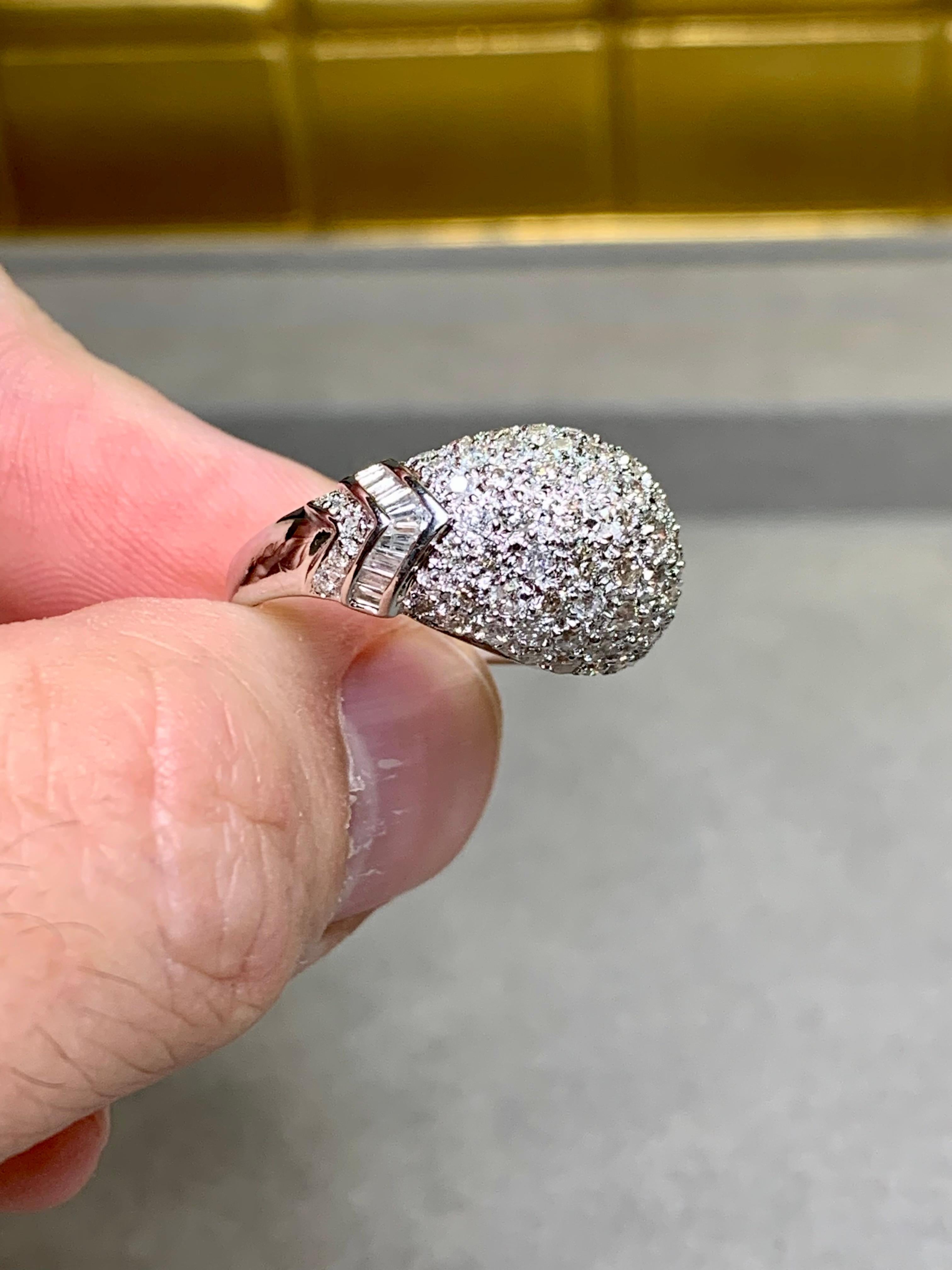 Women's or Men's Estate 18K White Gold Pavé Round Baguette Diamond Dome Cocktail Ring 2.10ctw For Sale
