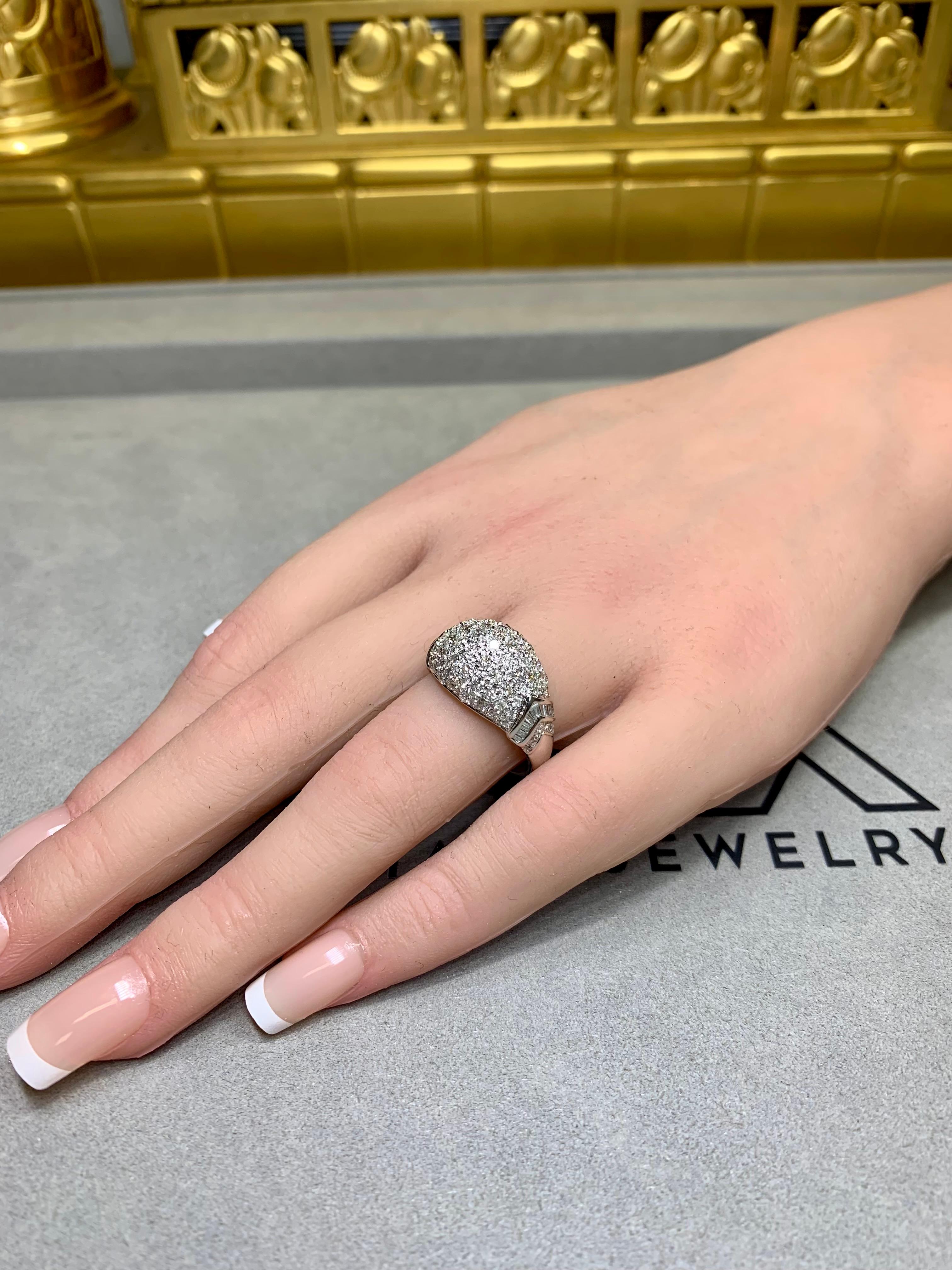 Estate 18K White Gold Pavé Round Baguette Diamond Dome Cocktail Ring 2.10ctw For Sale 1