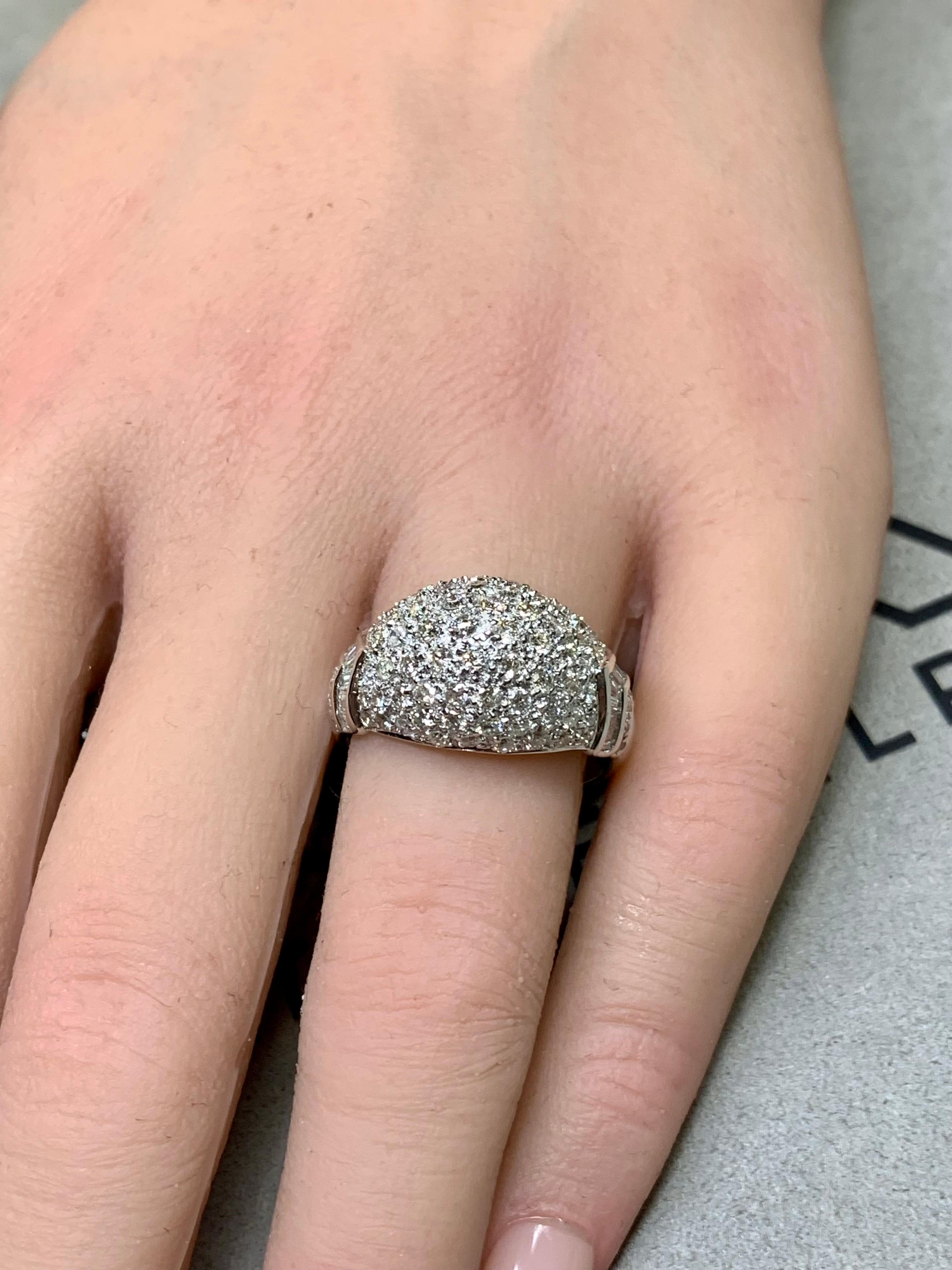 Estate 18K White Gold Pavé Round Baguette Diamond Dome Cocktail Ring 2.10ctw For Sale 2