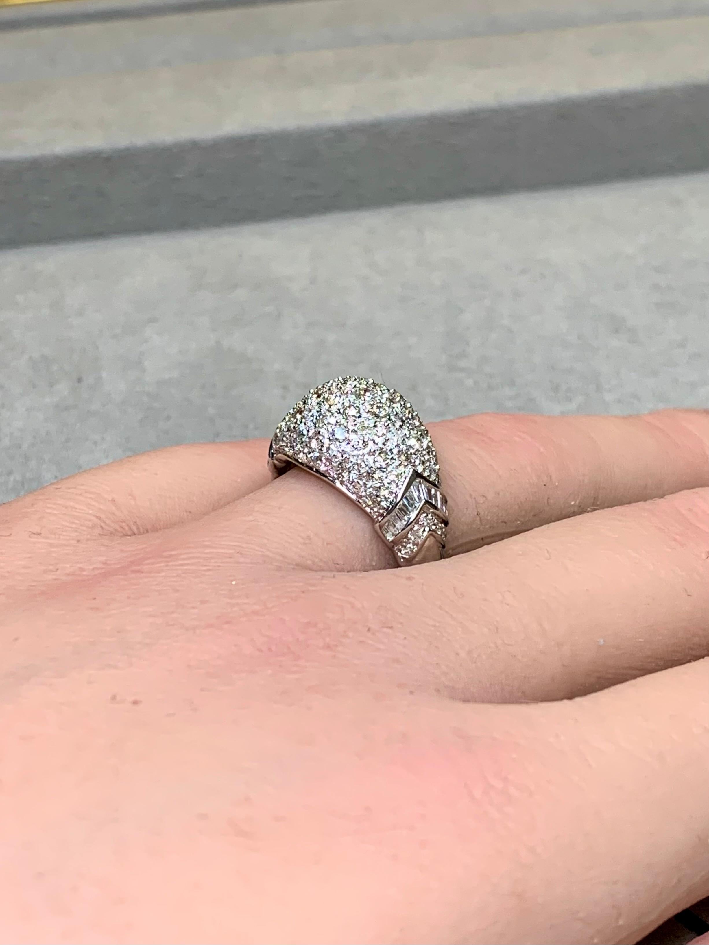 Estate 18K White Gold Pavé Round Baguette Diamond Dome Cocktail Ring 2.10ctw For Sale 3