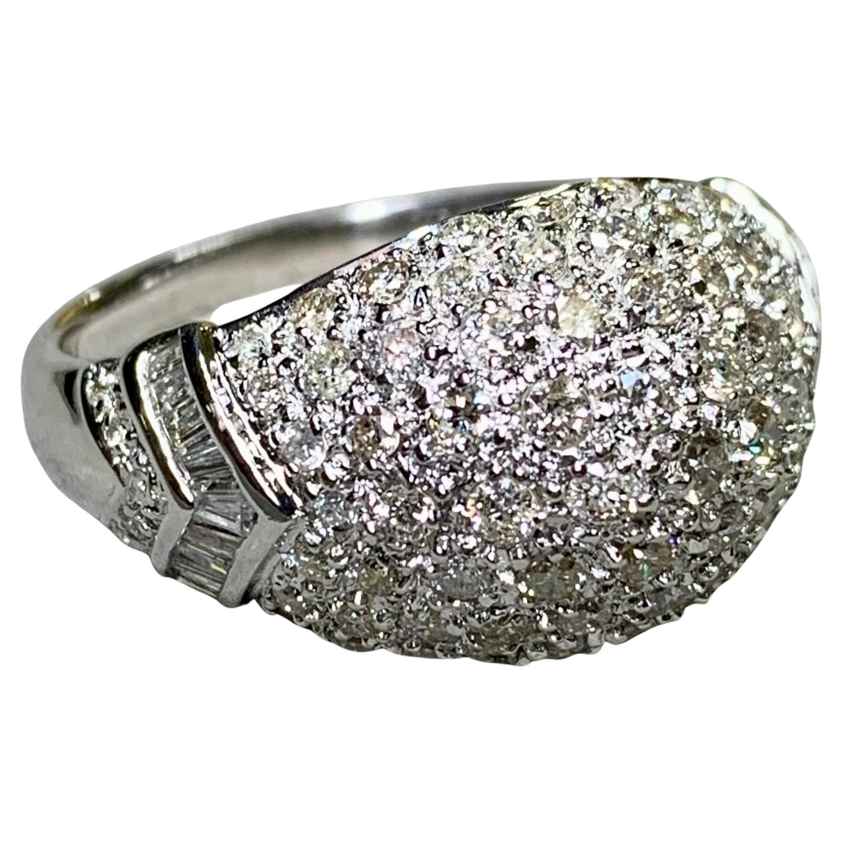 Estate 18K White Gold Pavé Round Baguette Diamond Dome Cocktail Ring 2.10ctw