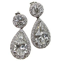 Estate 18K Weißgold Birne Diamant Tropfen Baumeln Ohrringe 3,11ct + 3,09ct GIA